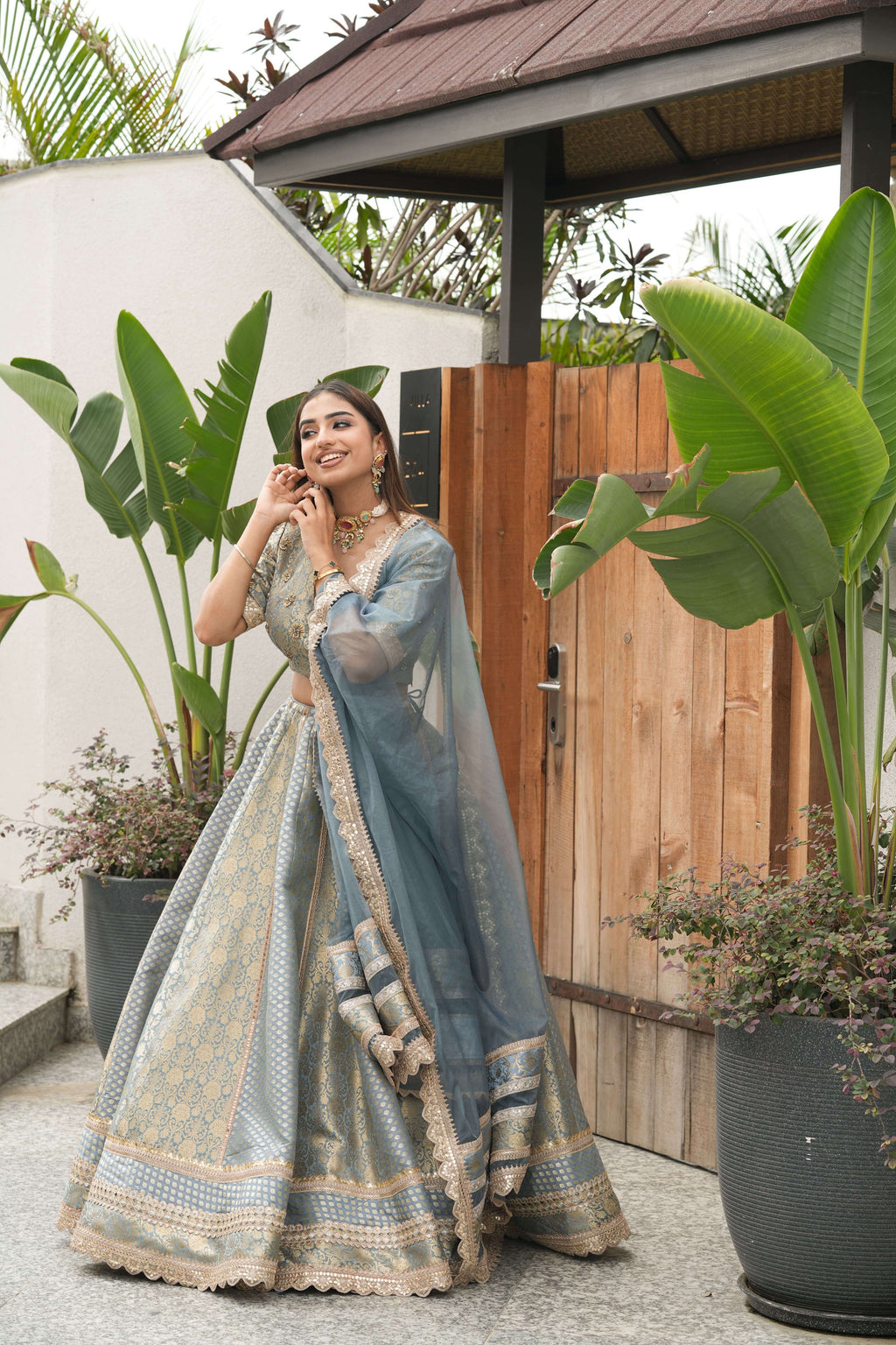 Mist Blue Banarasi Lehenga Ensemble