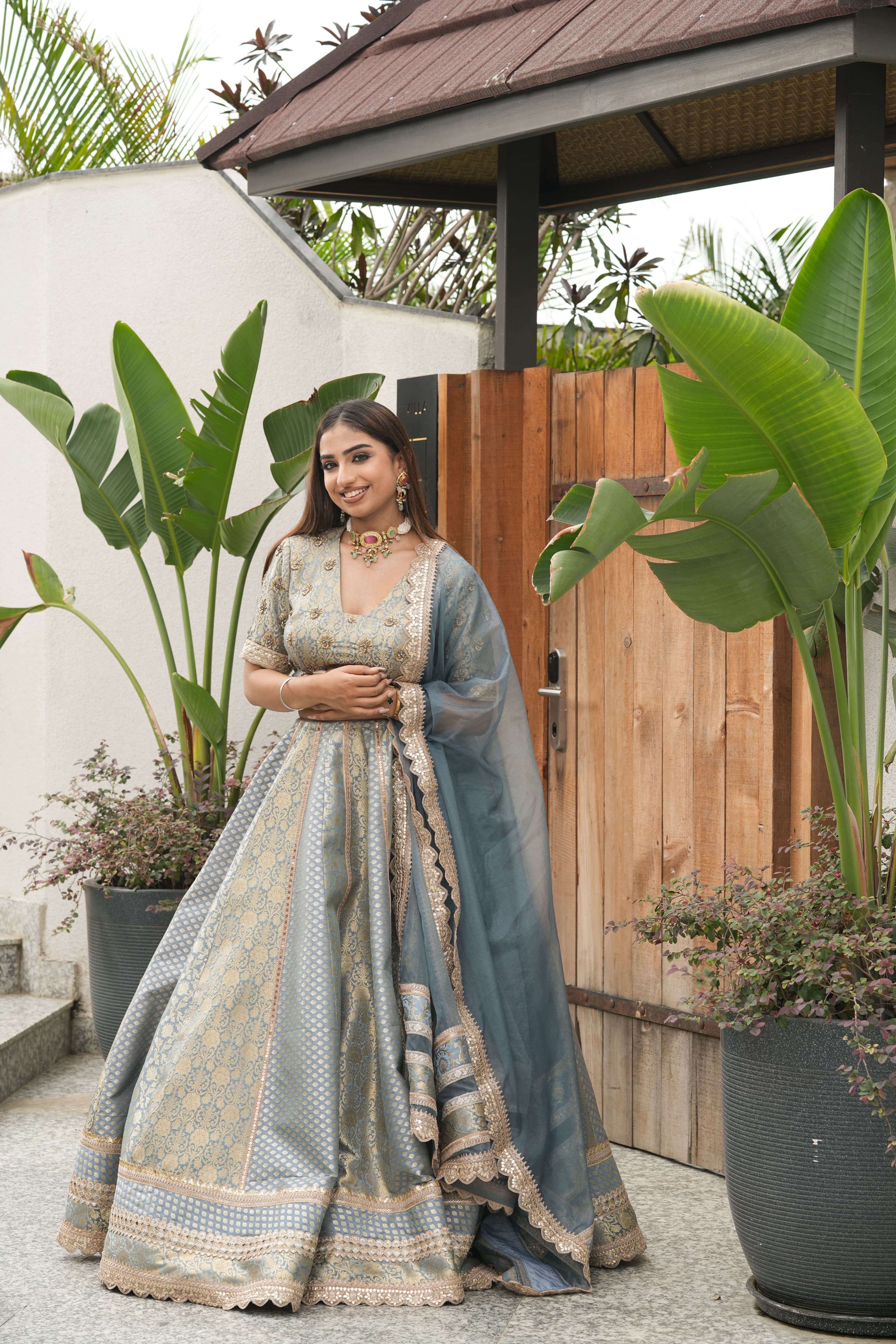 Mist Blue Banarasi Lehenga Ensemble