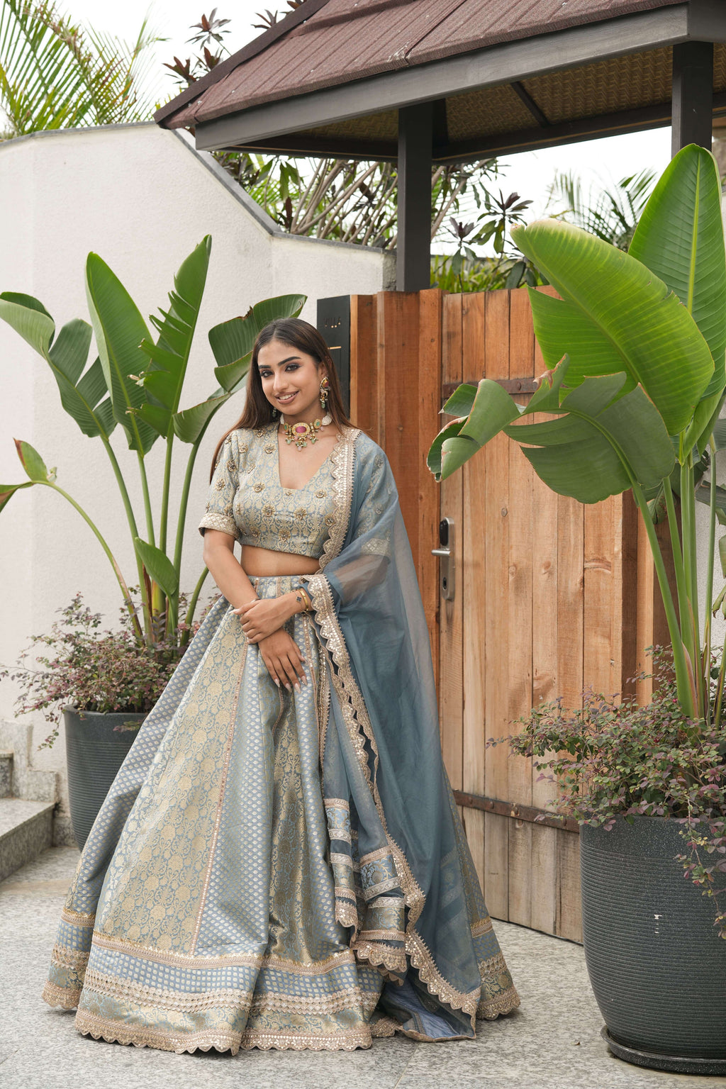 Mist Blue Banarasi Lehenga Ensemble