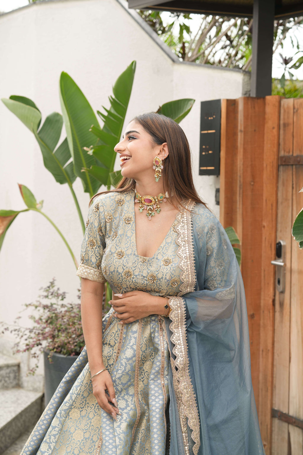 Mist Blue Banarasi Lehenga Ensemble