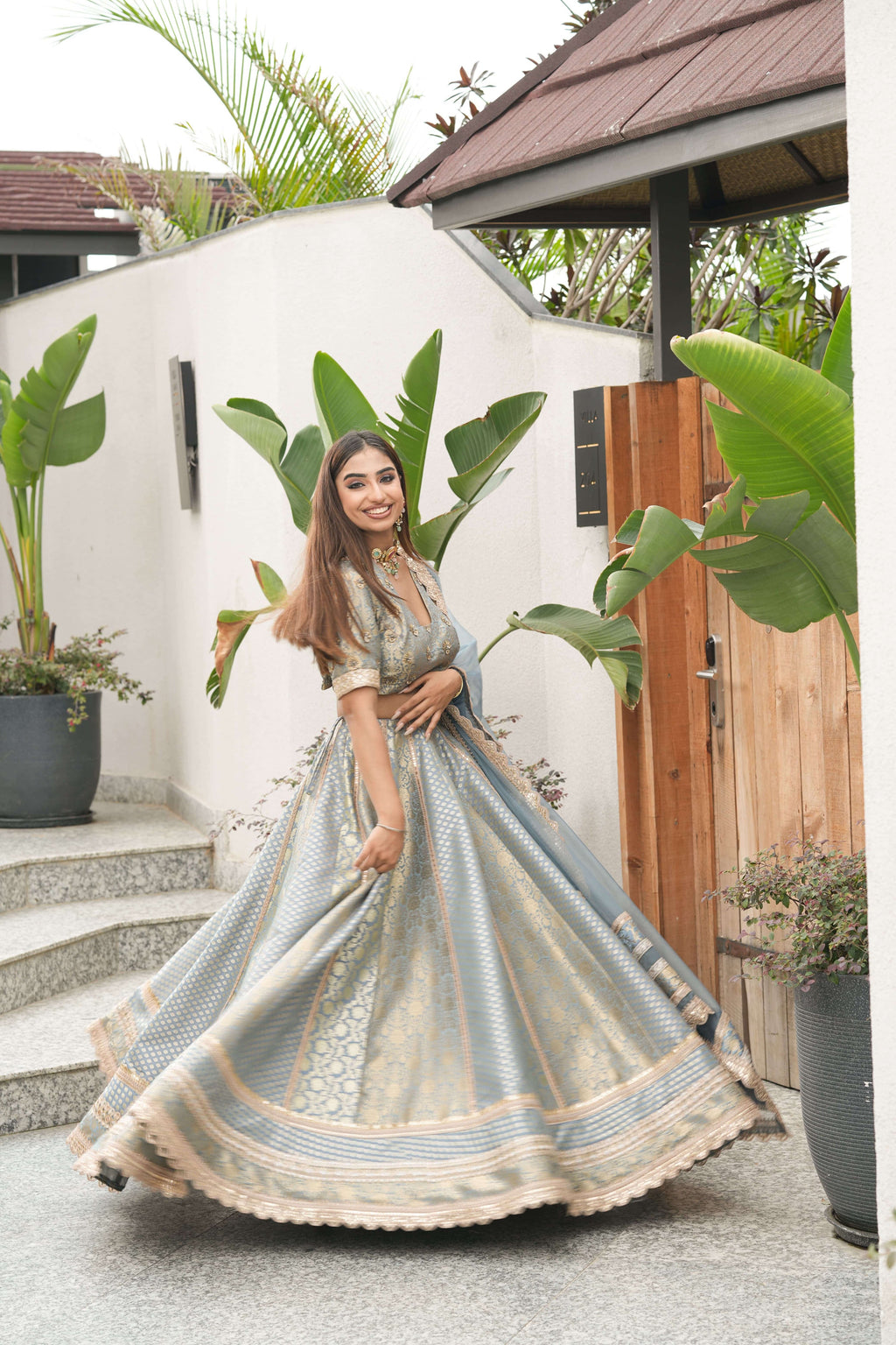 Mist Blue Banarasi Lehenga Ensemble