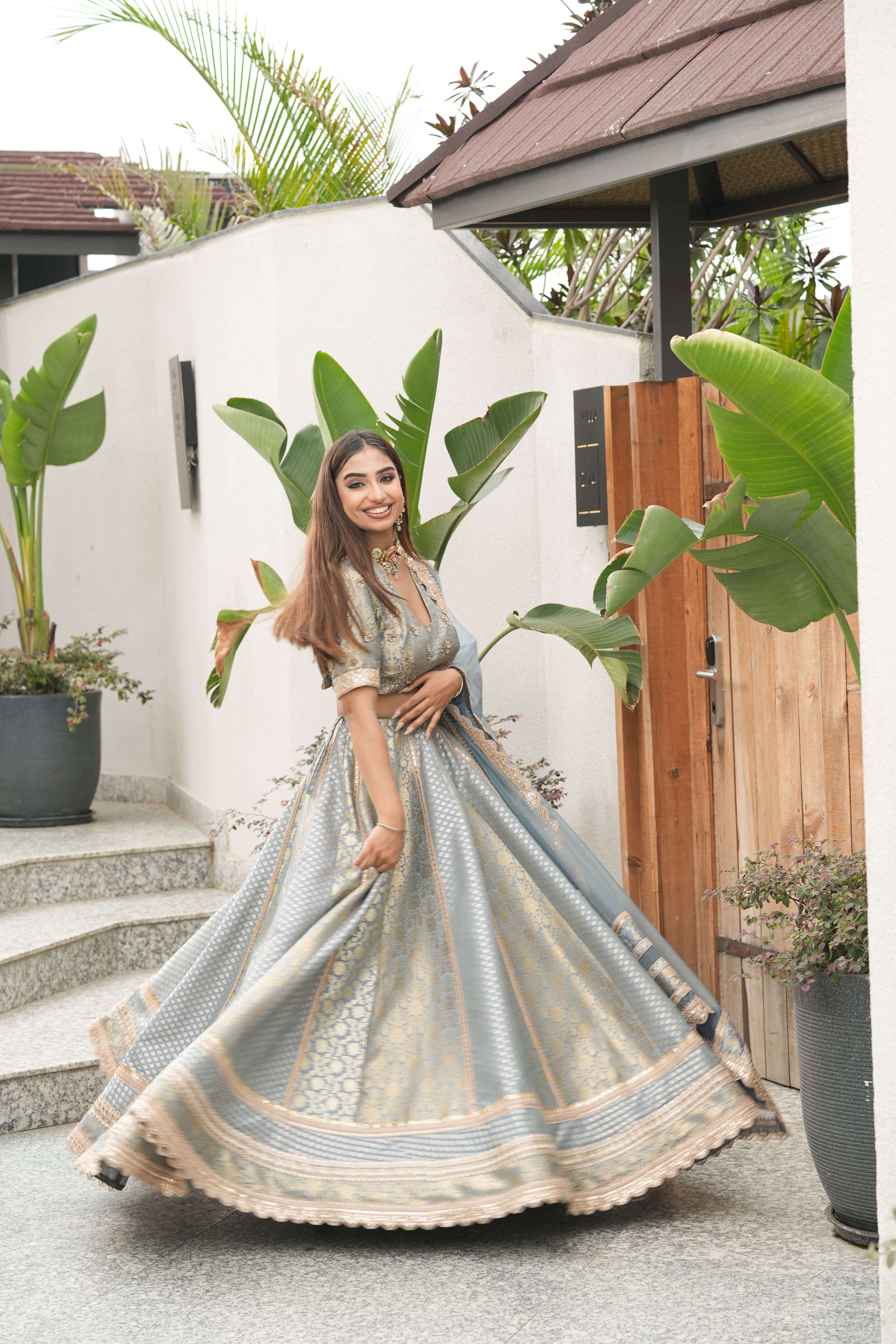 Mist Blue Banarasi Lehenga Ensemble