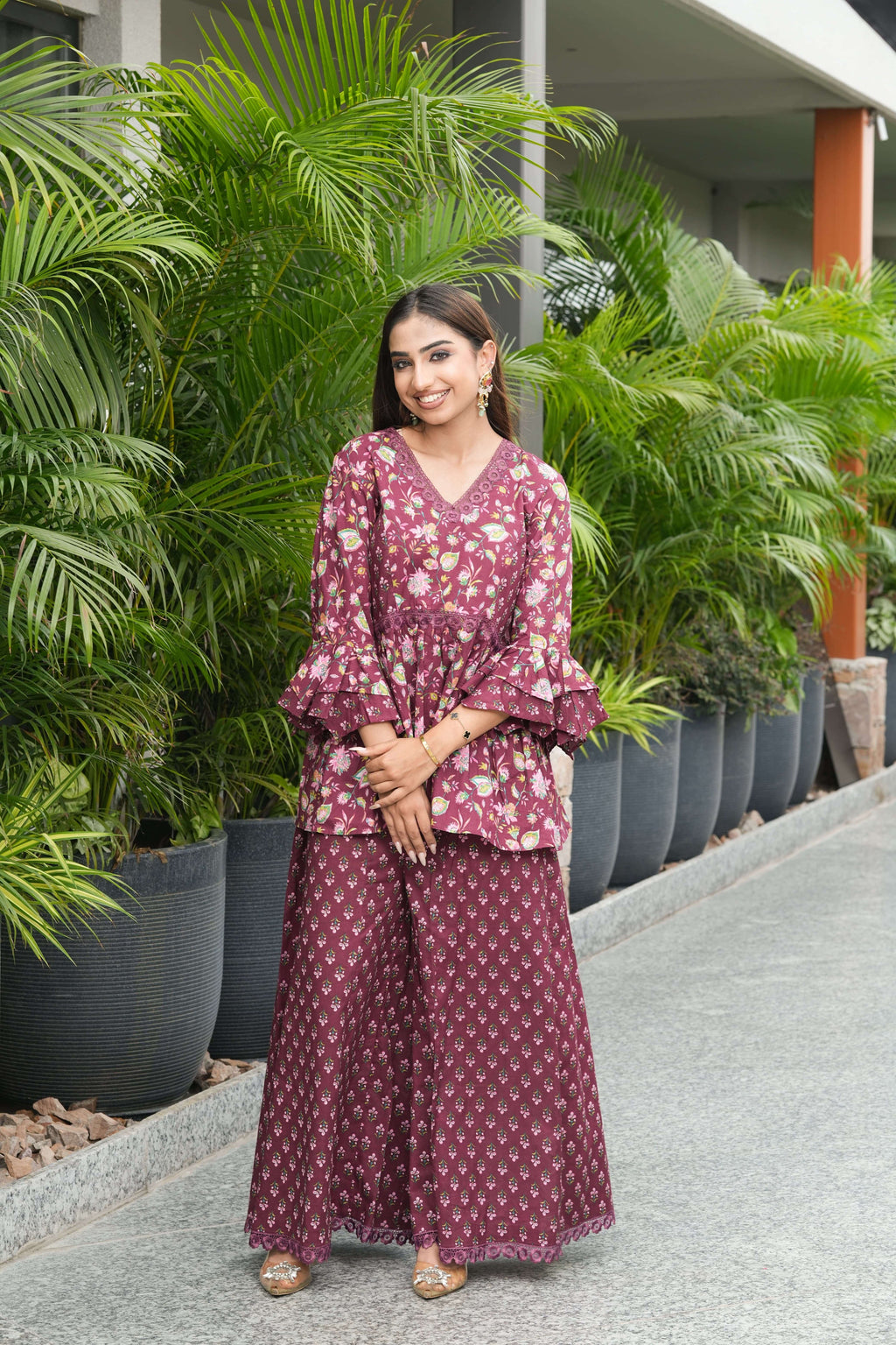 Wine Floral Ruffle Sleeve Co-ord Set