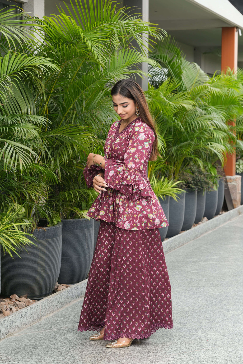 Wine Floral Ruffle Sleeve Co-ord Set