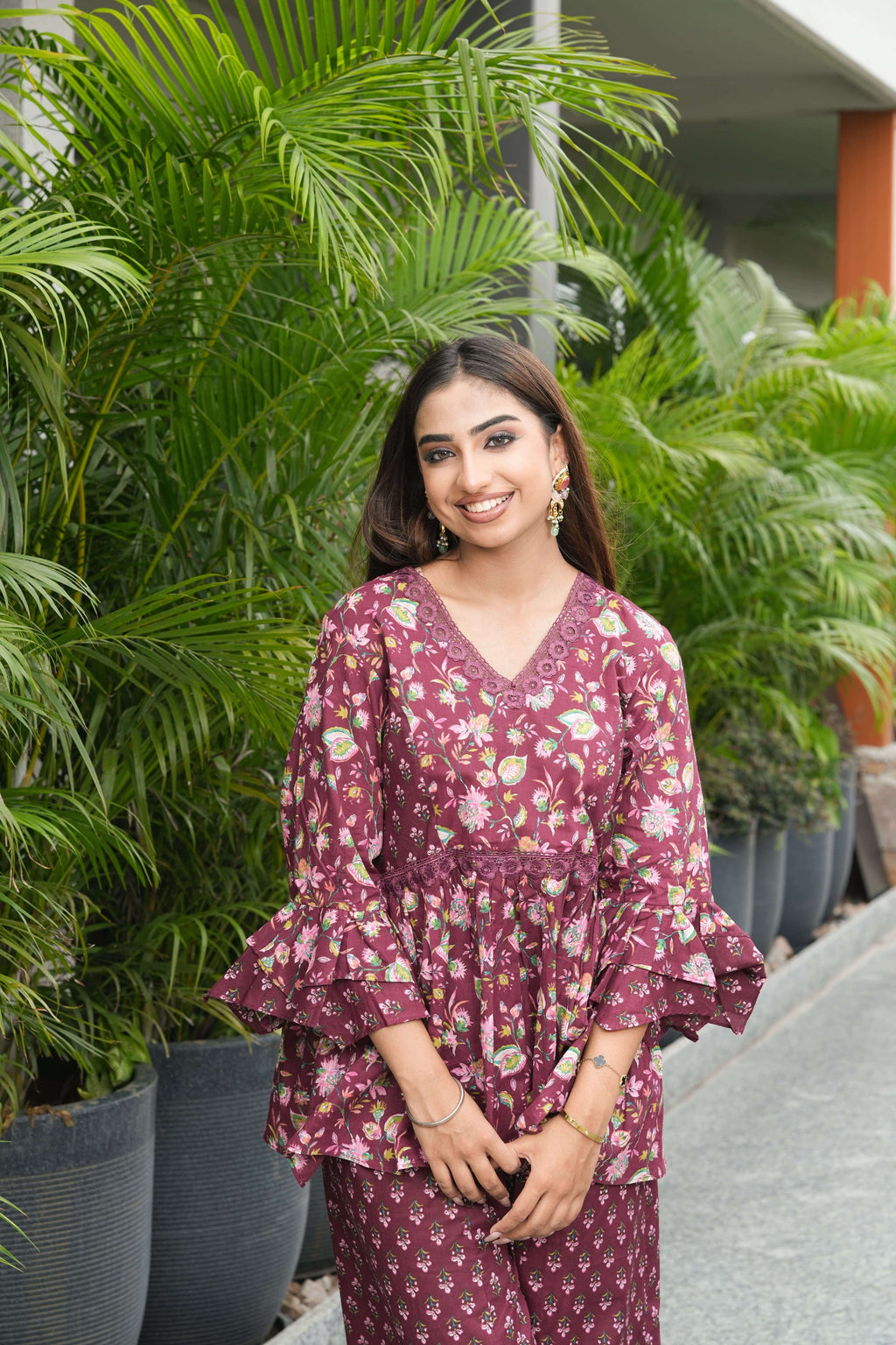 Wine Floral Ruffle Sleeve Co-ord Set