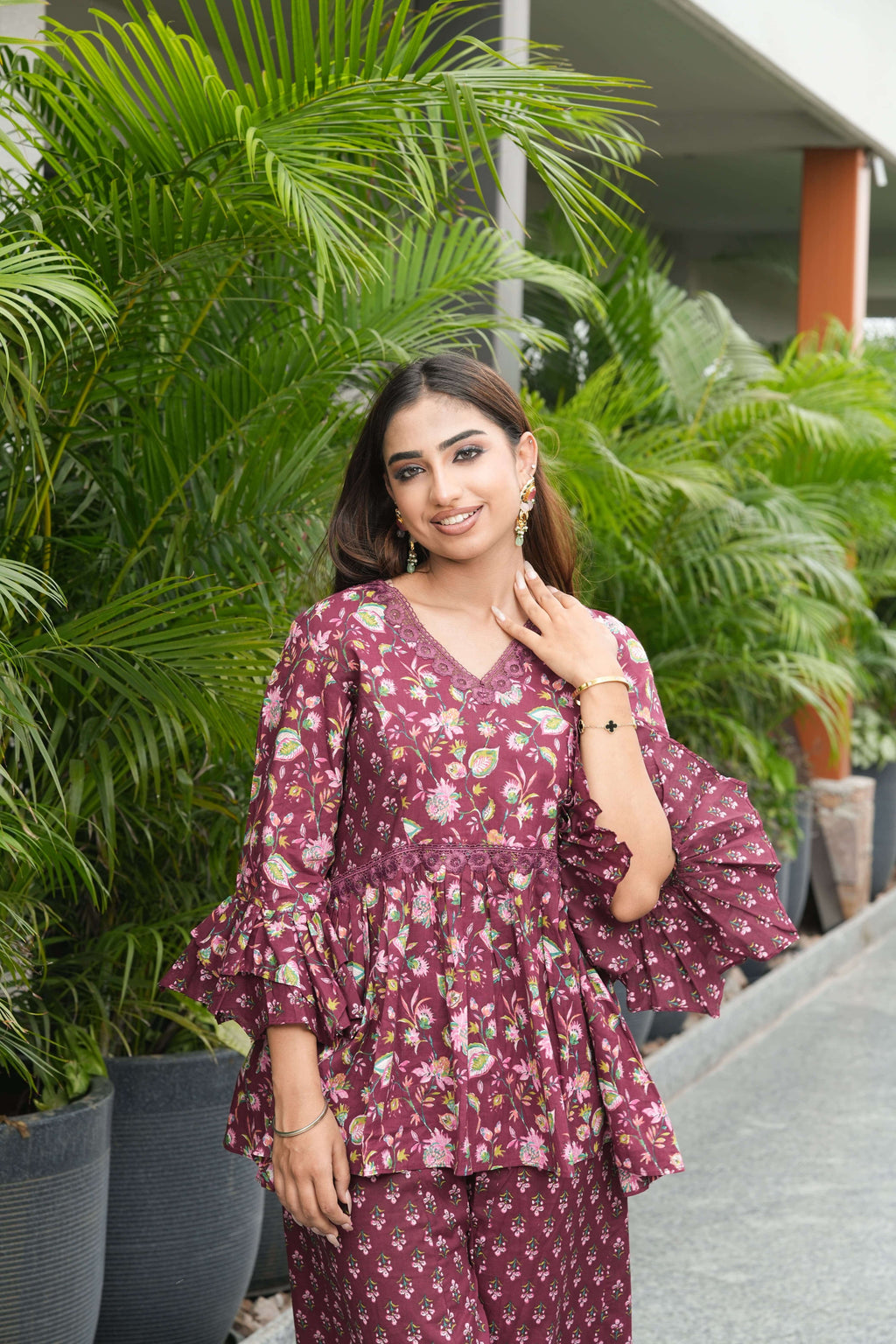 Wine Floral Ruffle Sleeve Co-ord Set