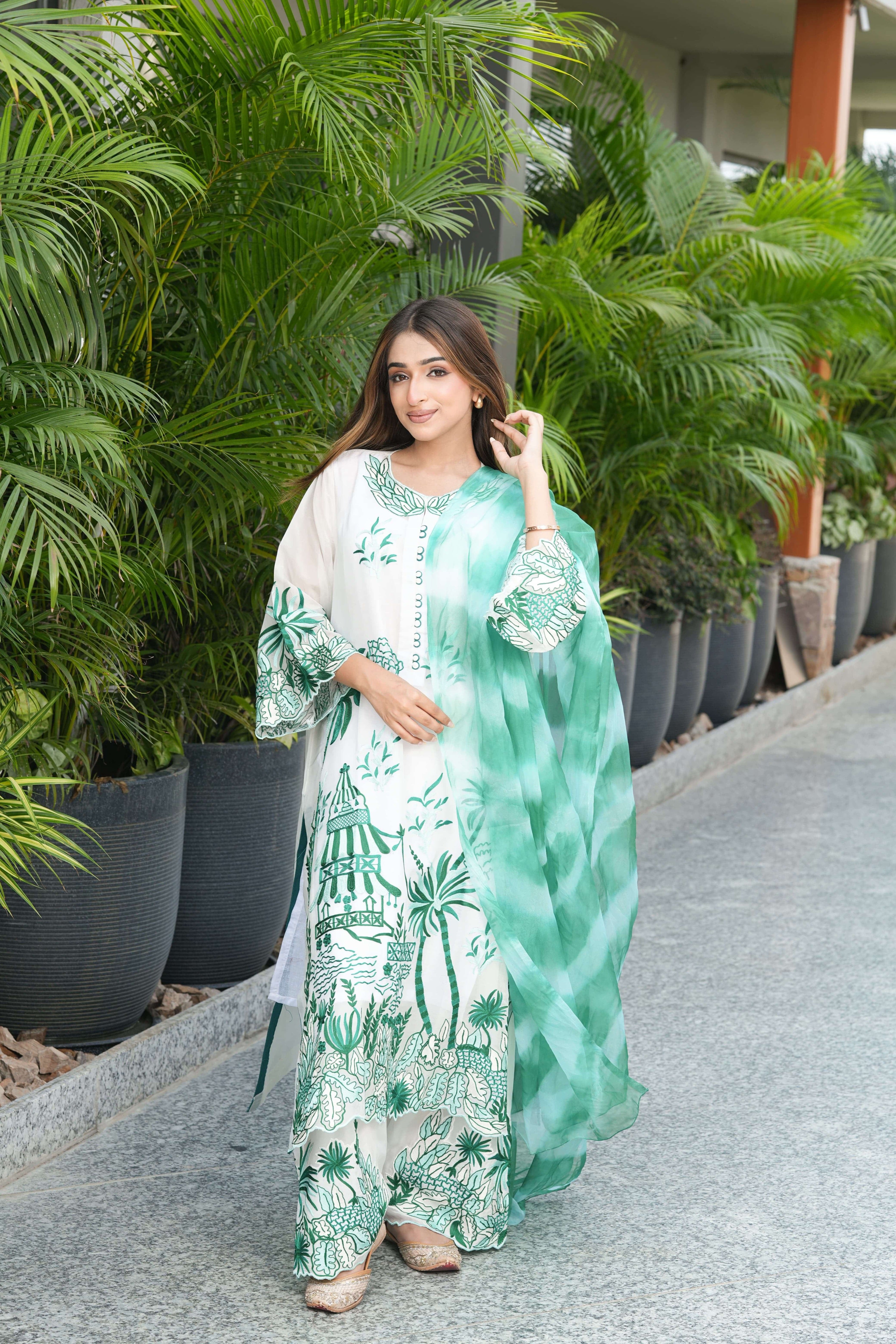 Mint Green Palace Print Embroidered Kurta Set
