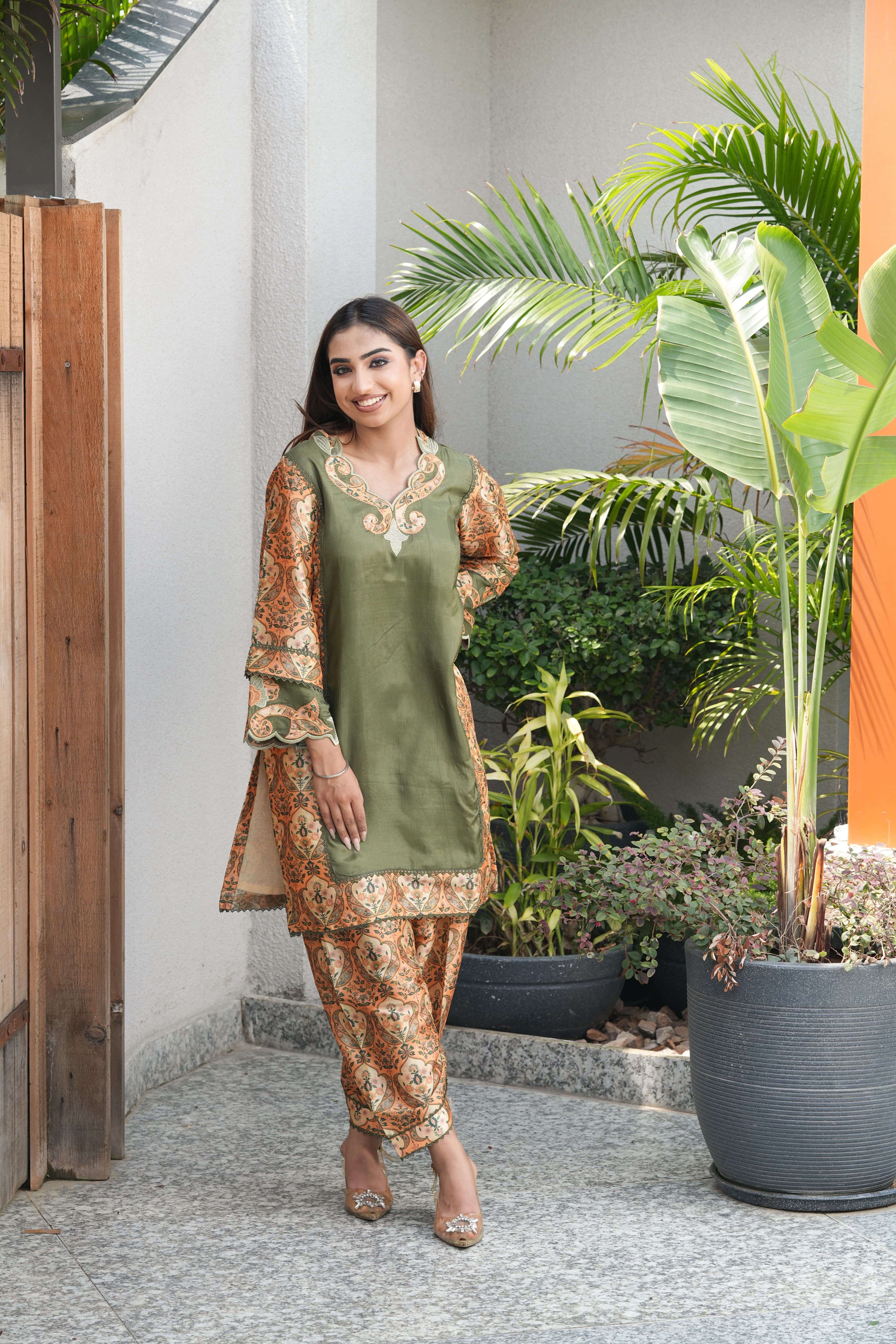 Olive Ornate Embroidered Suit Set