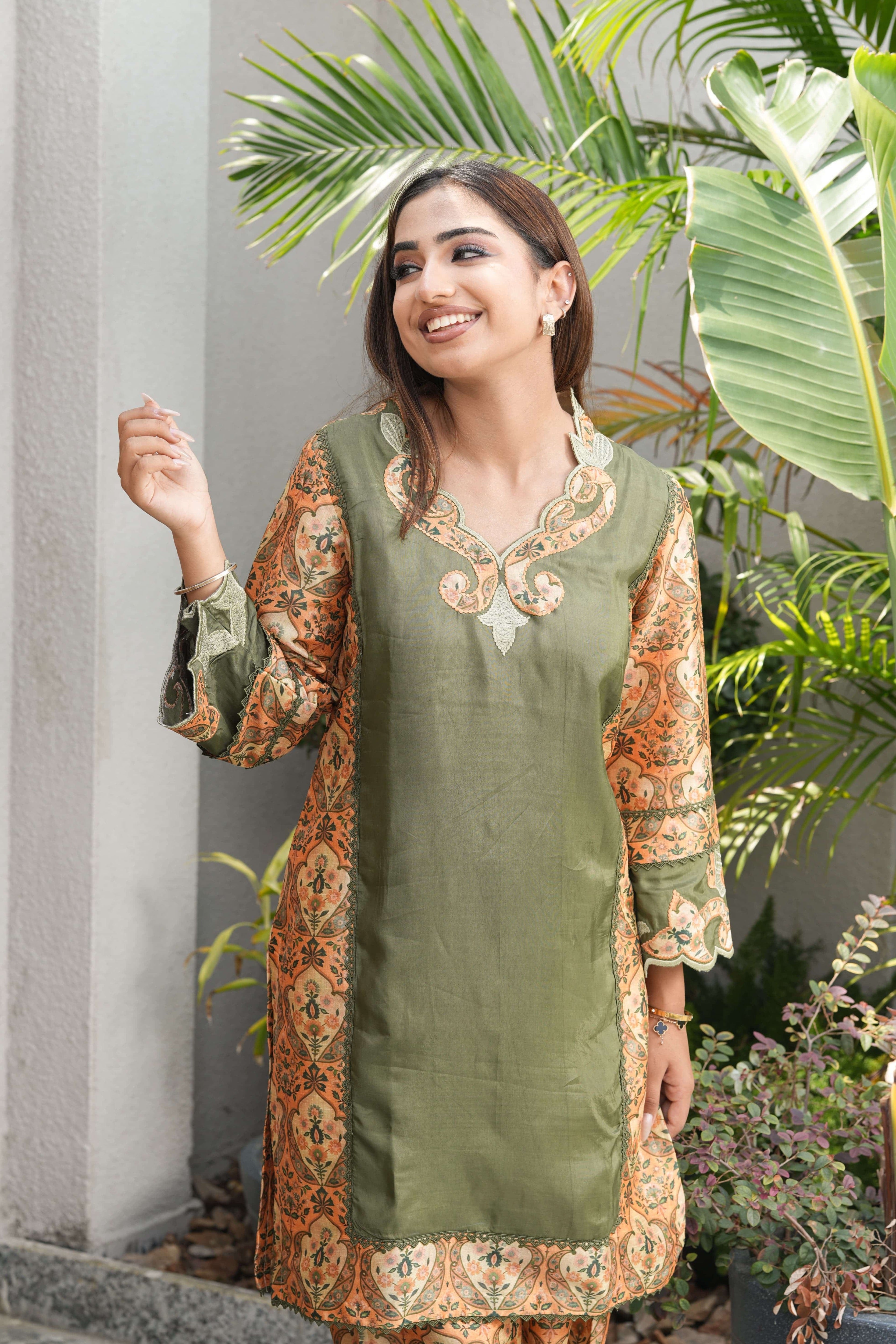 Olive Ornate Embroidered Suit Set