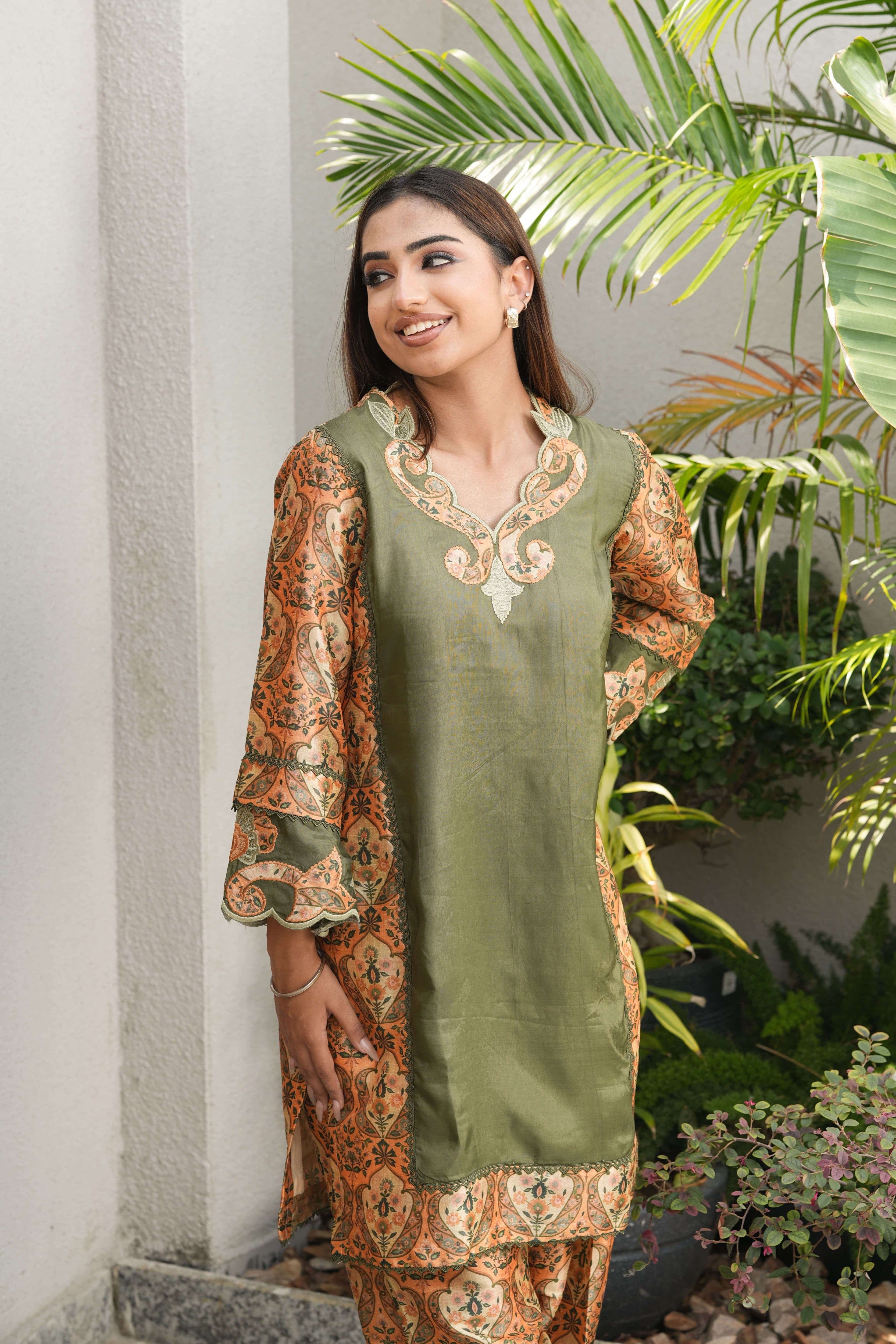 Olive Ornate Embroidered Suit Set