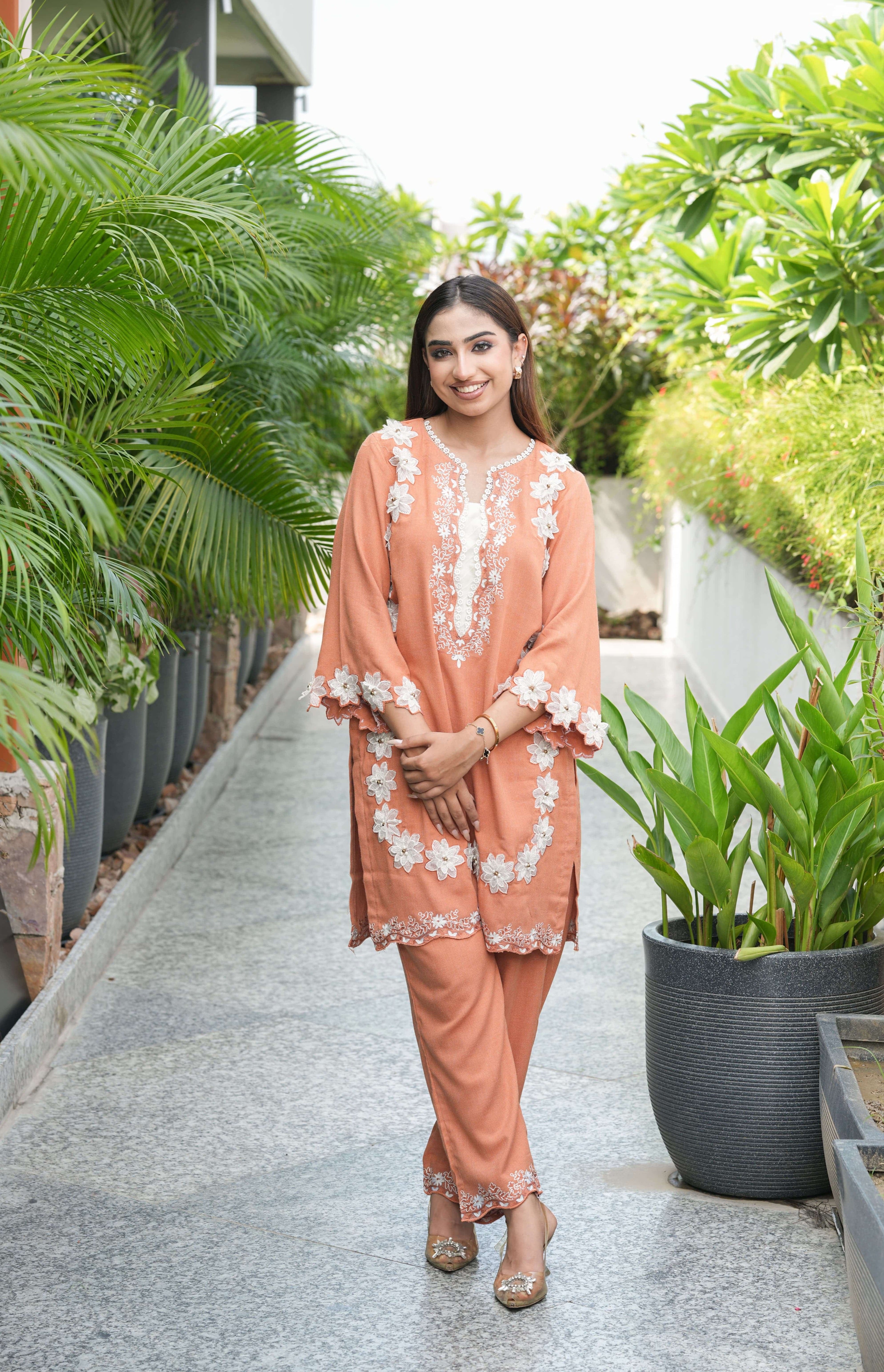 Terracotta Blossom Embroidered Suit Set