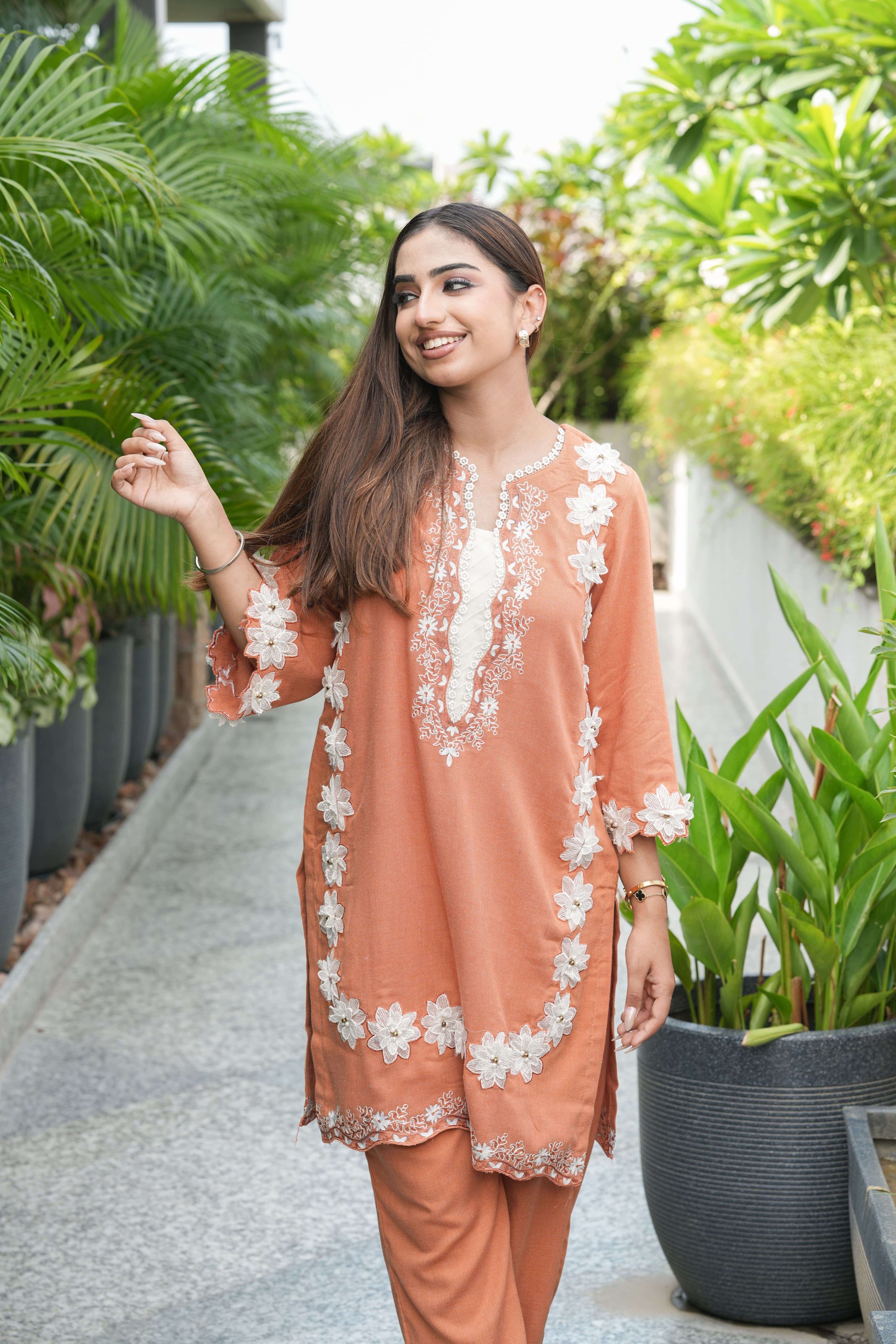 Terracotta Blossom Embroidered Suit Set
