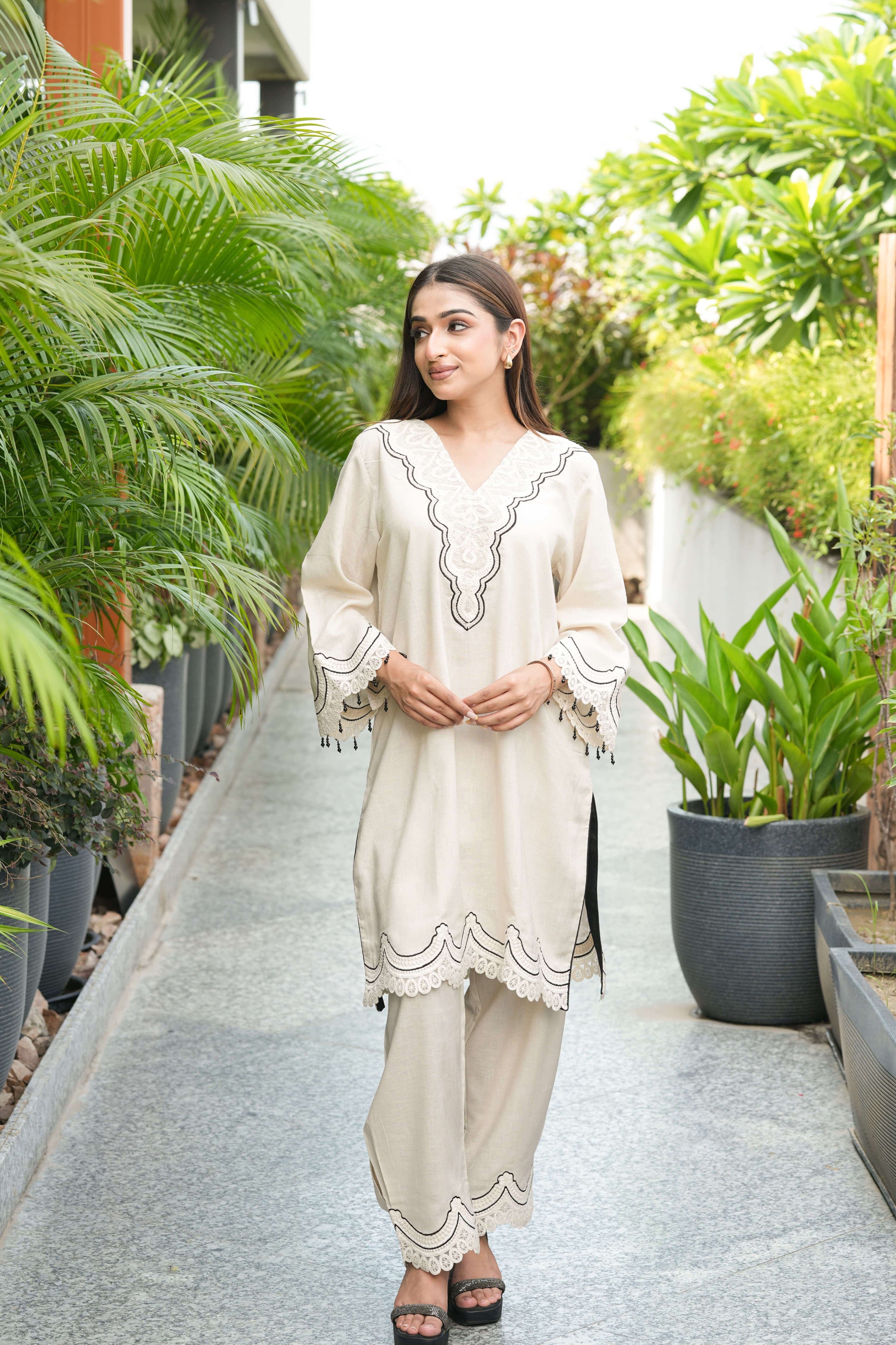 Ivory Lace Scallop Embroidered Suit Set