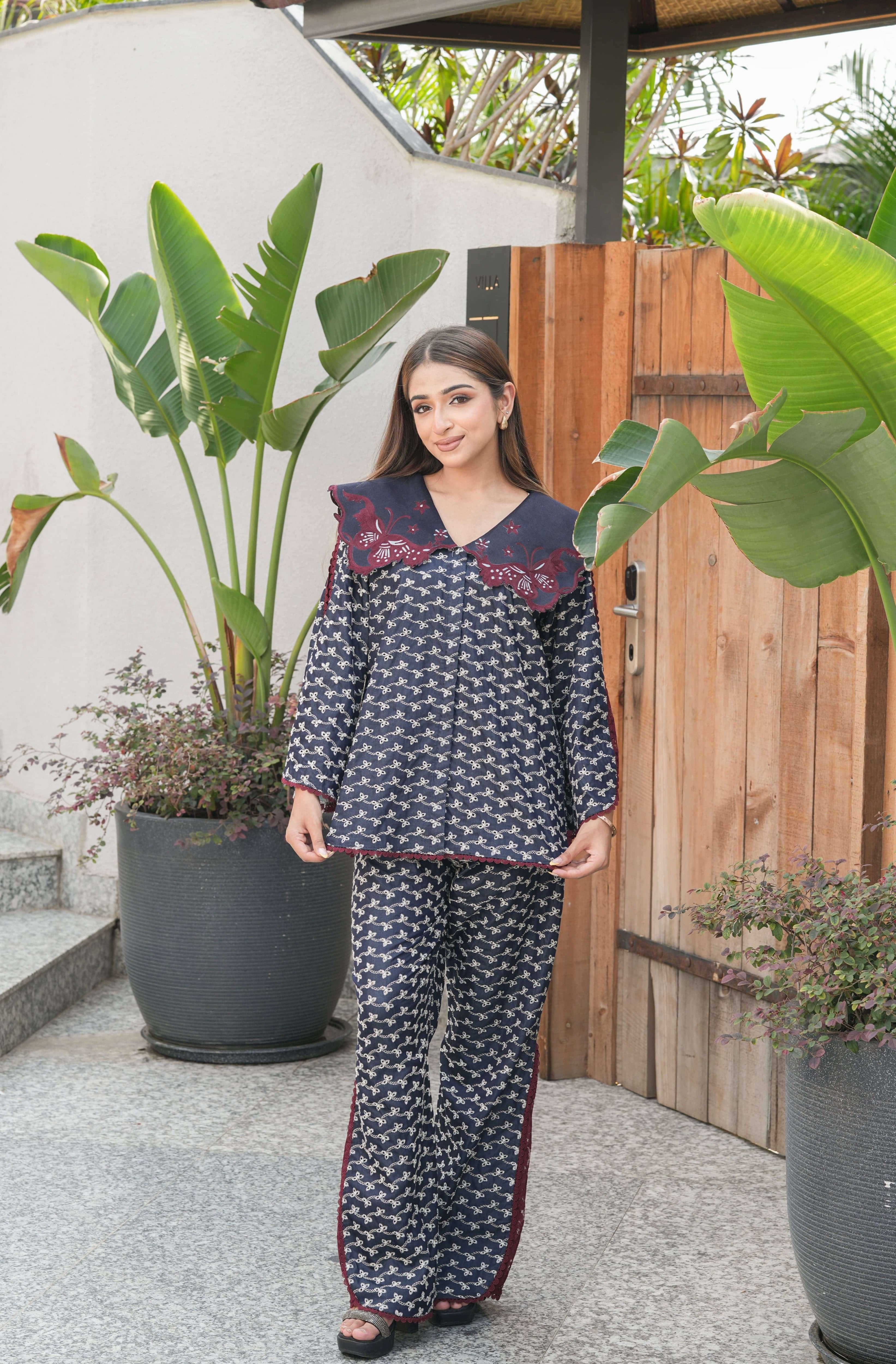 Maroon & Indigo Statement Collar Co-ord Set