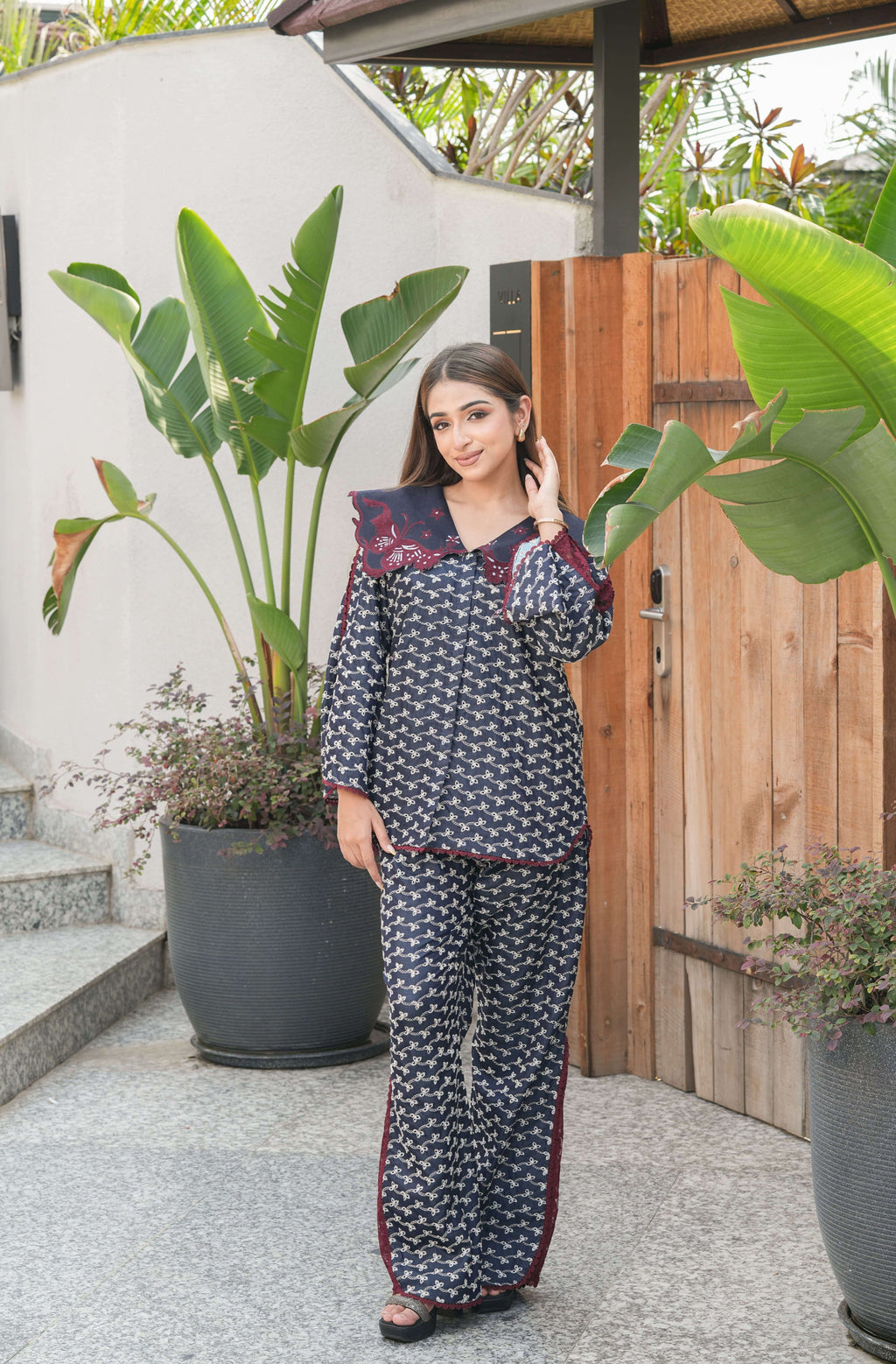 Maroon & Indigo Statement Collar Co-ord Set