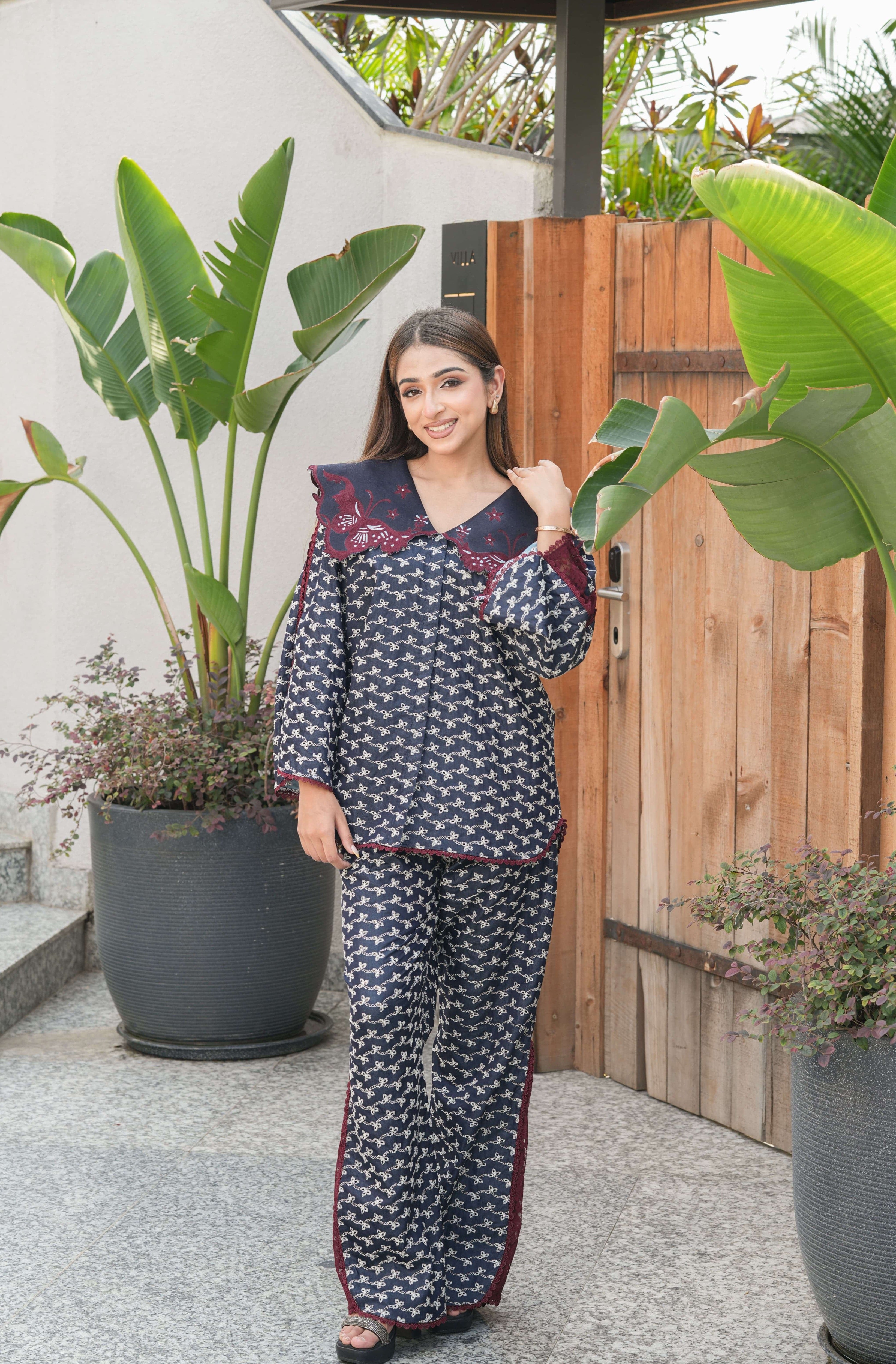 Maroon & Indigo Statement Collar Co-ord Set