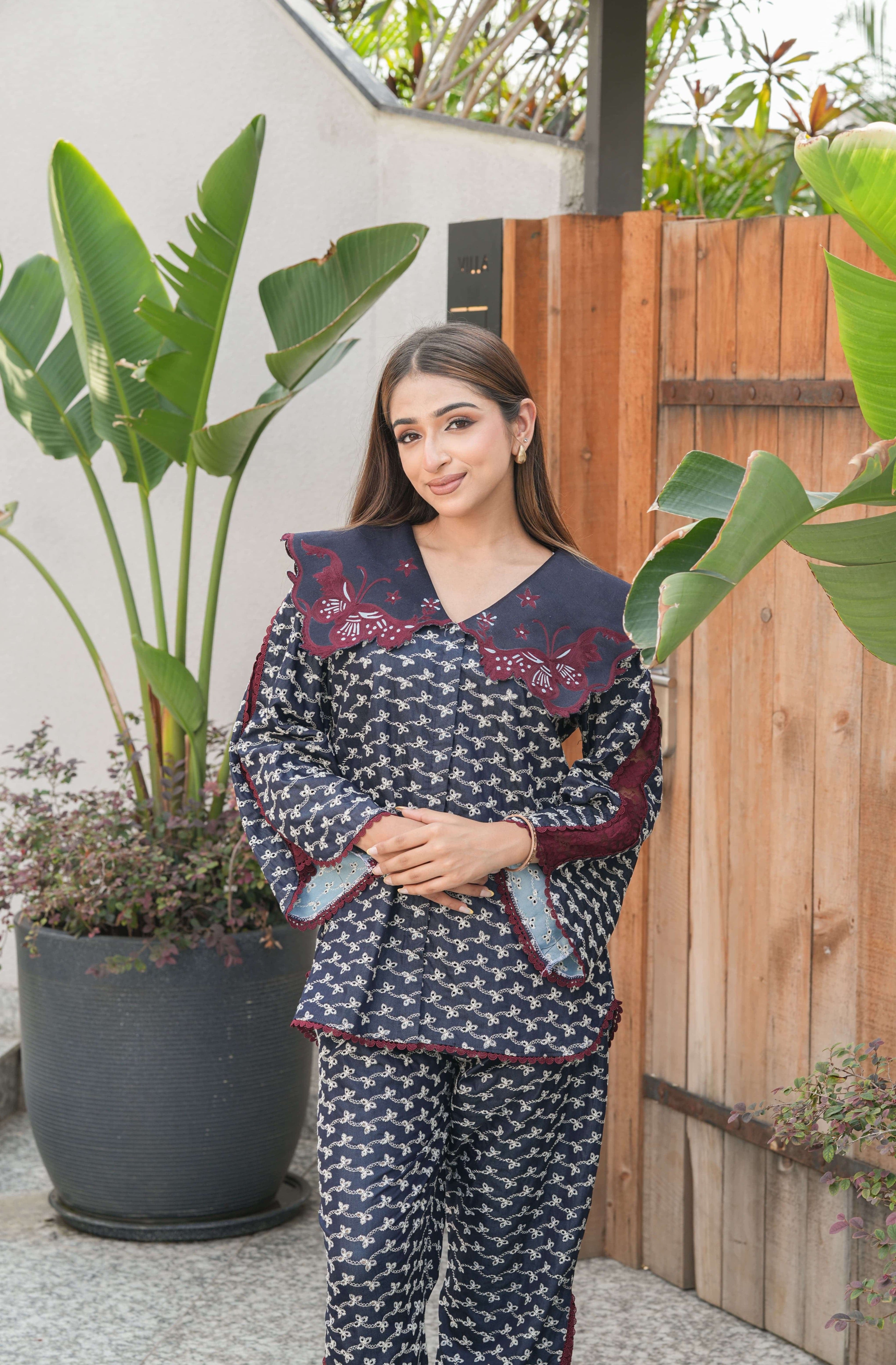 Maroon & Indigo Statement Collar Co-ord Set