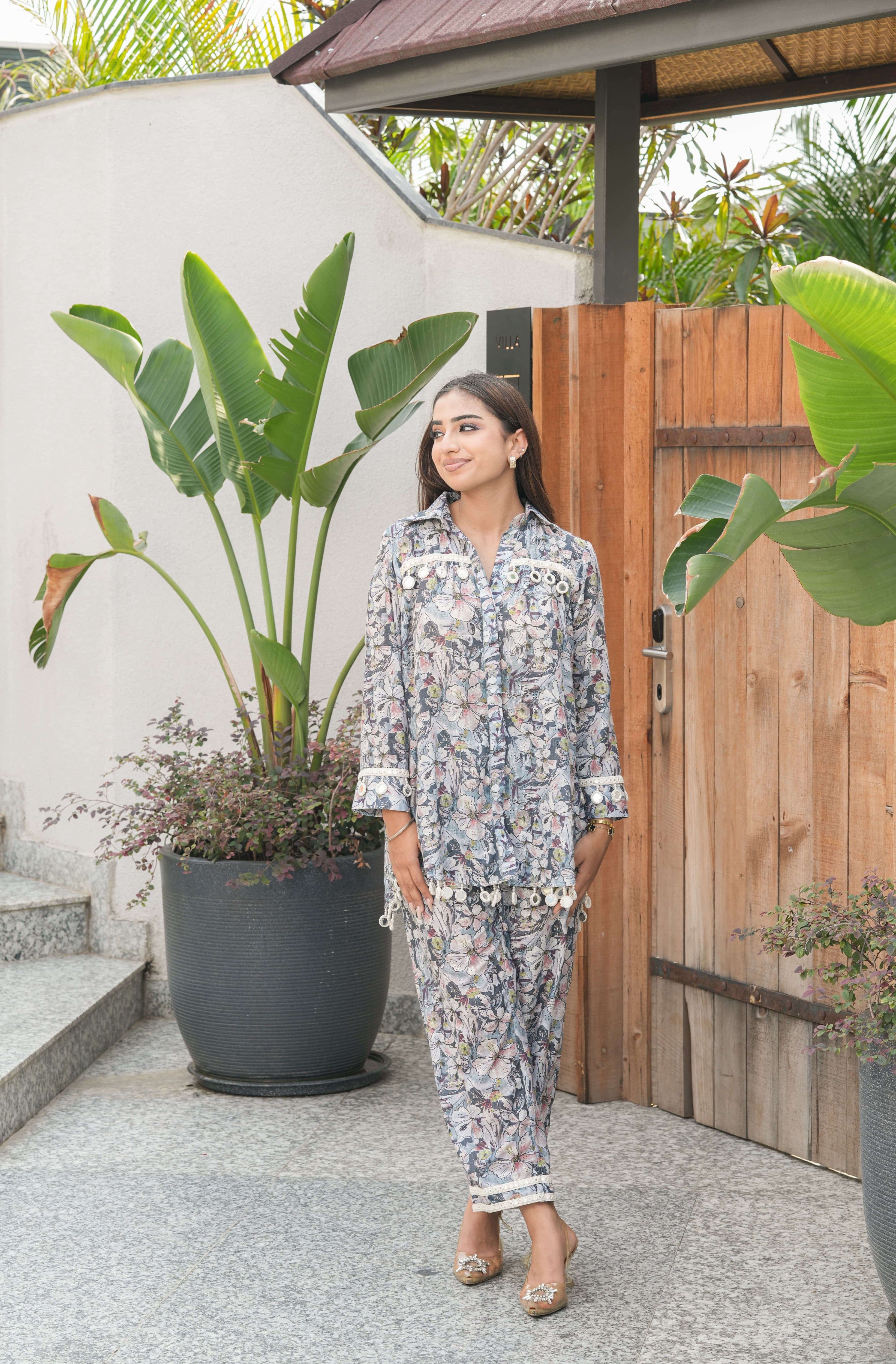 Ivory Jungle Print Pom Pom Co-ord Set