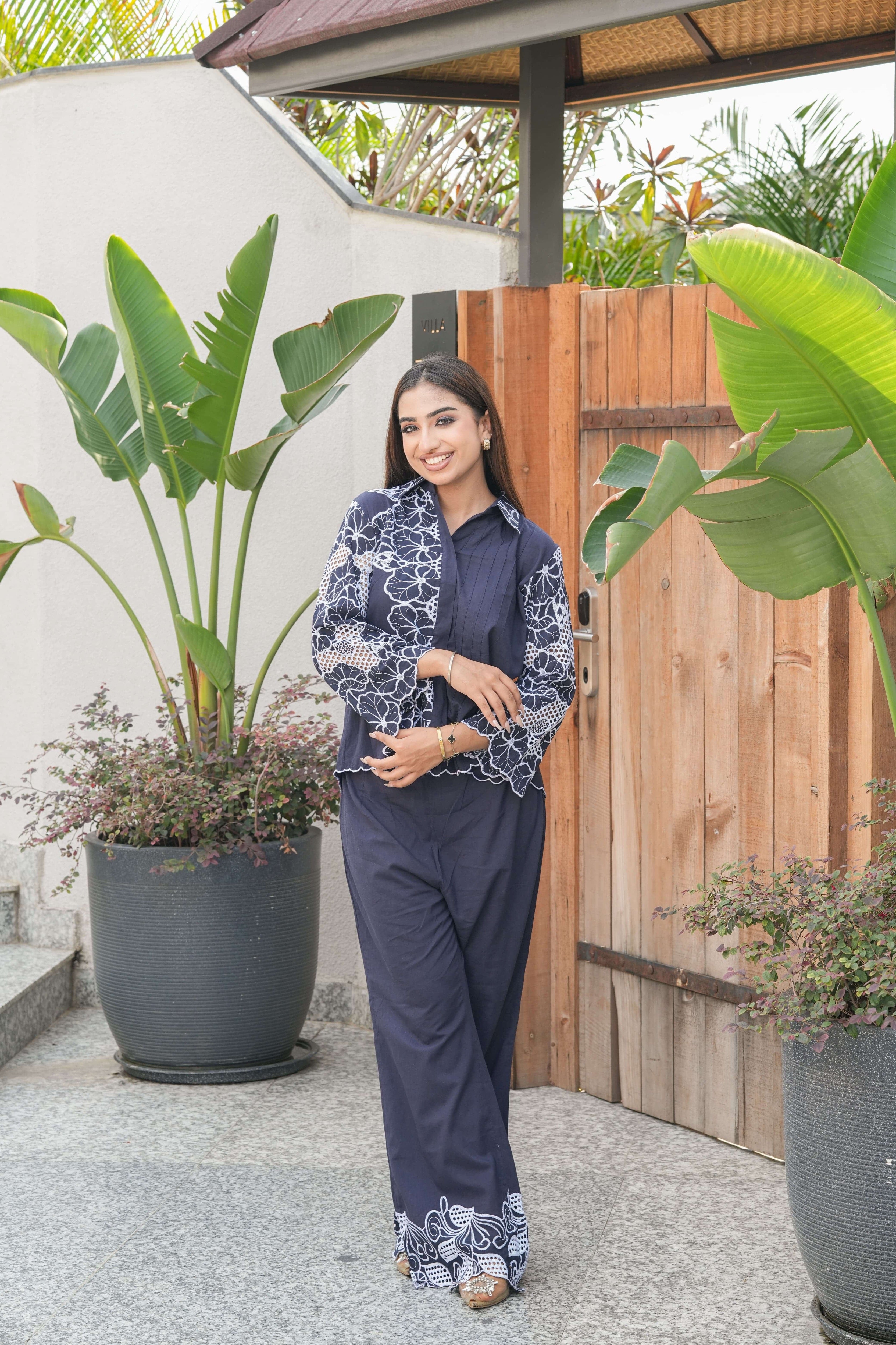 Midnight Ivory Floral Embroidered Suit Set