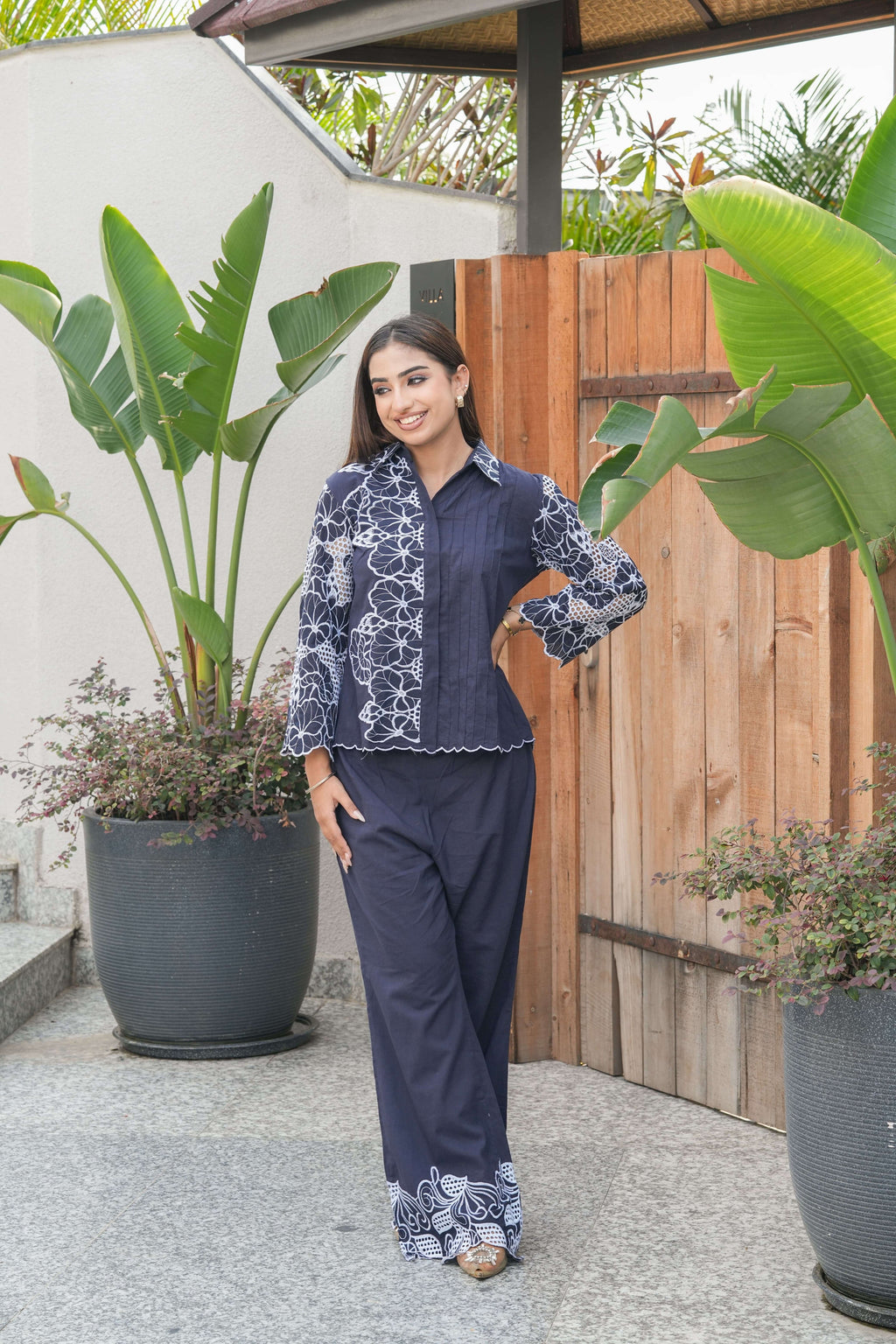 Midnight Ivory Floral Embroidered Suit Set