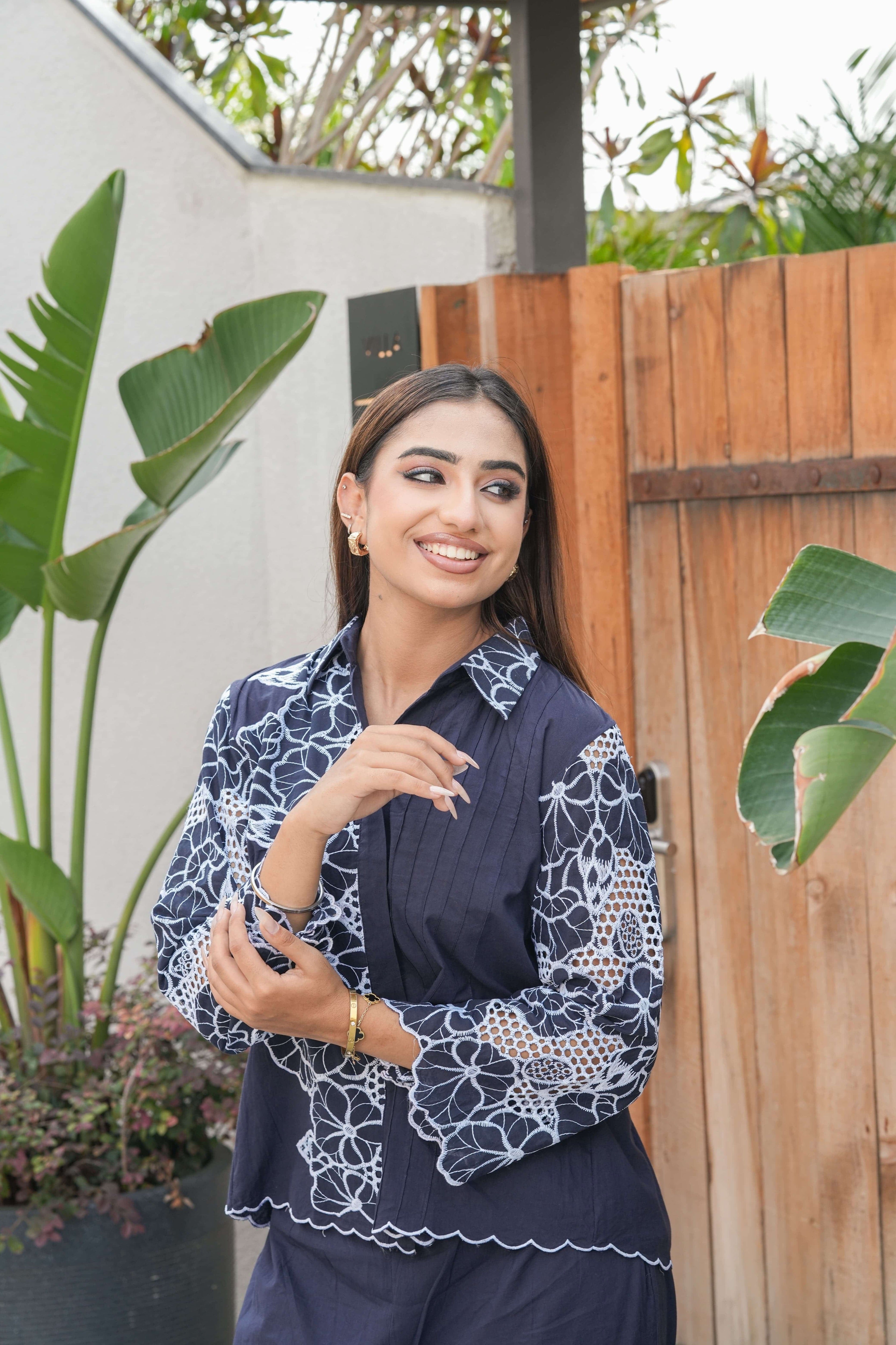 Midnight Ivory Floral Embroidered Suit Set