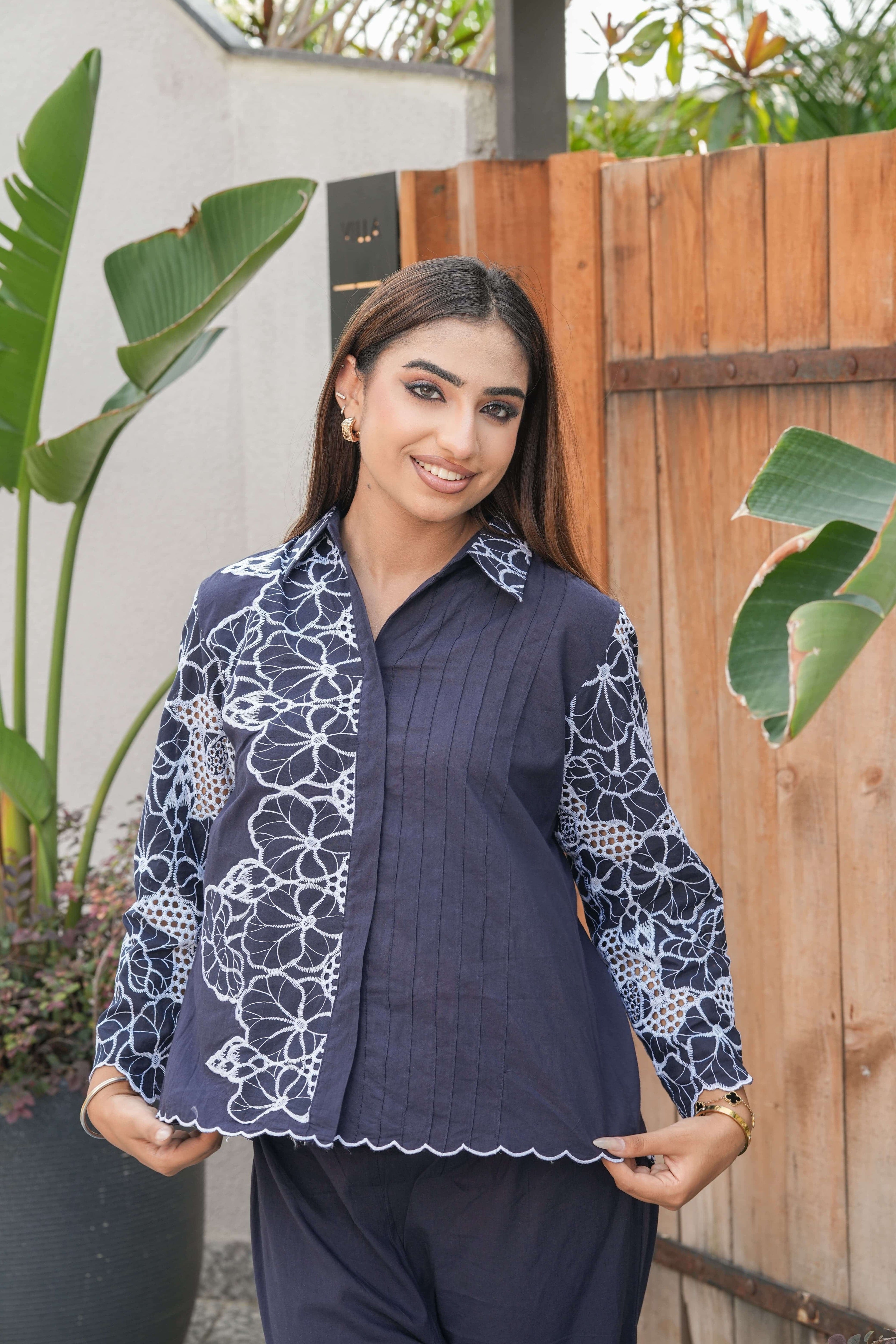 Midnight Ivory Floral Embroidered Suit Set