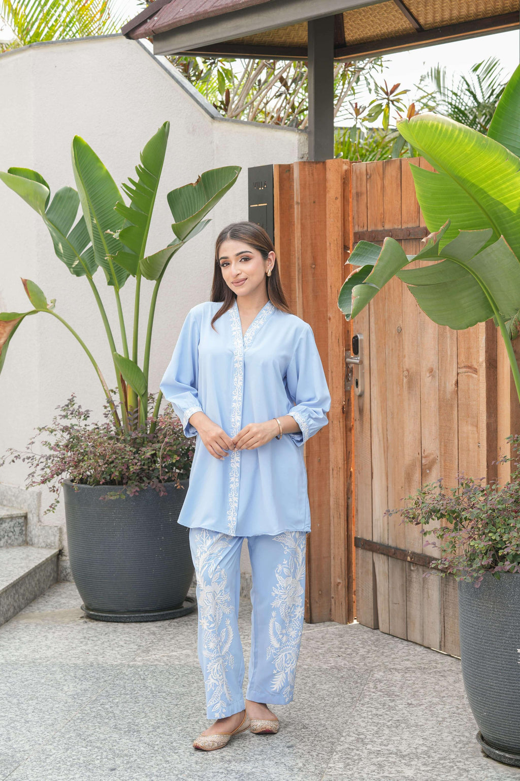 Sky Blue Vine Embroidered Suit Set