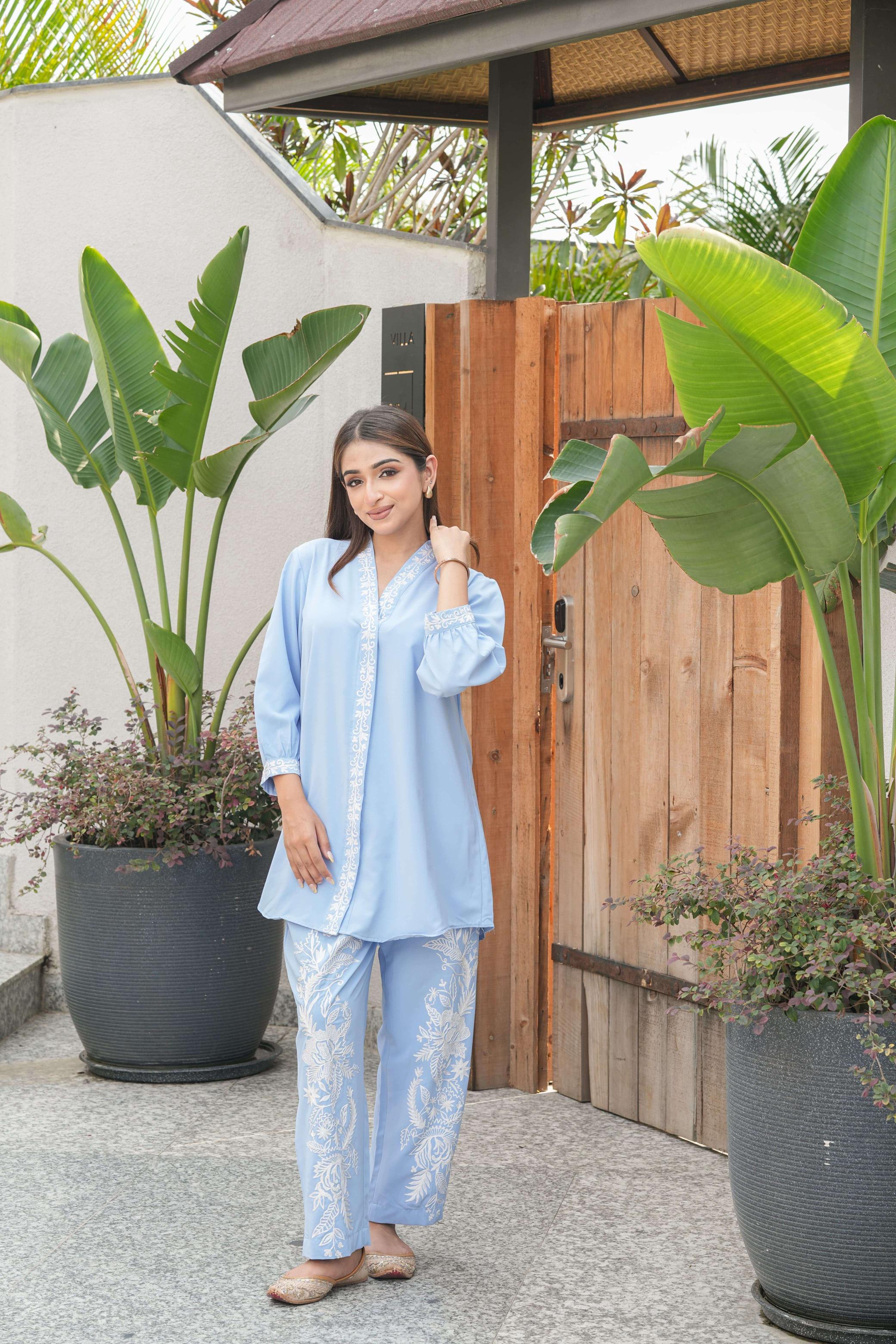 Sky Blue Vine Embroidered Suit Set