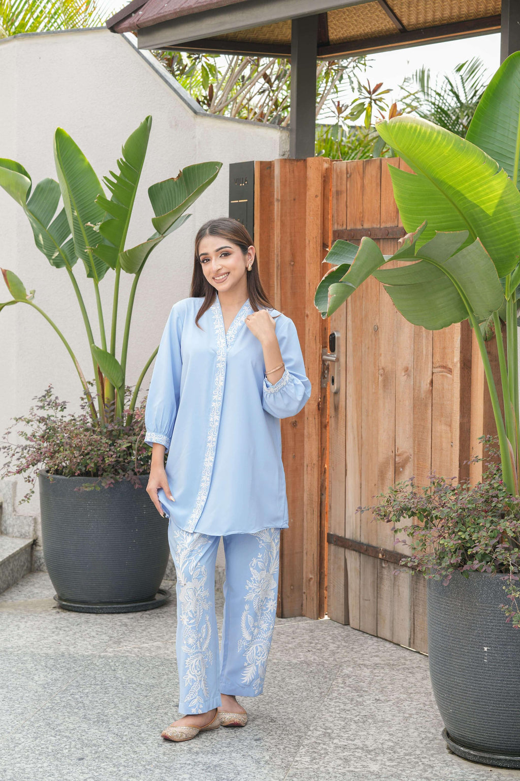 Sky Blue Vine Embroidered Suit Set