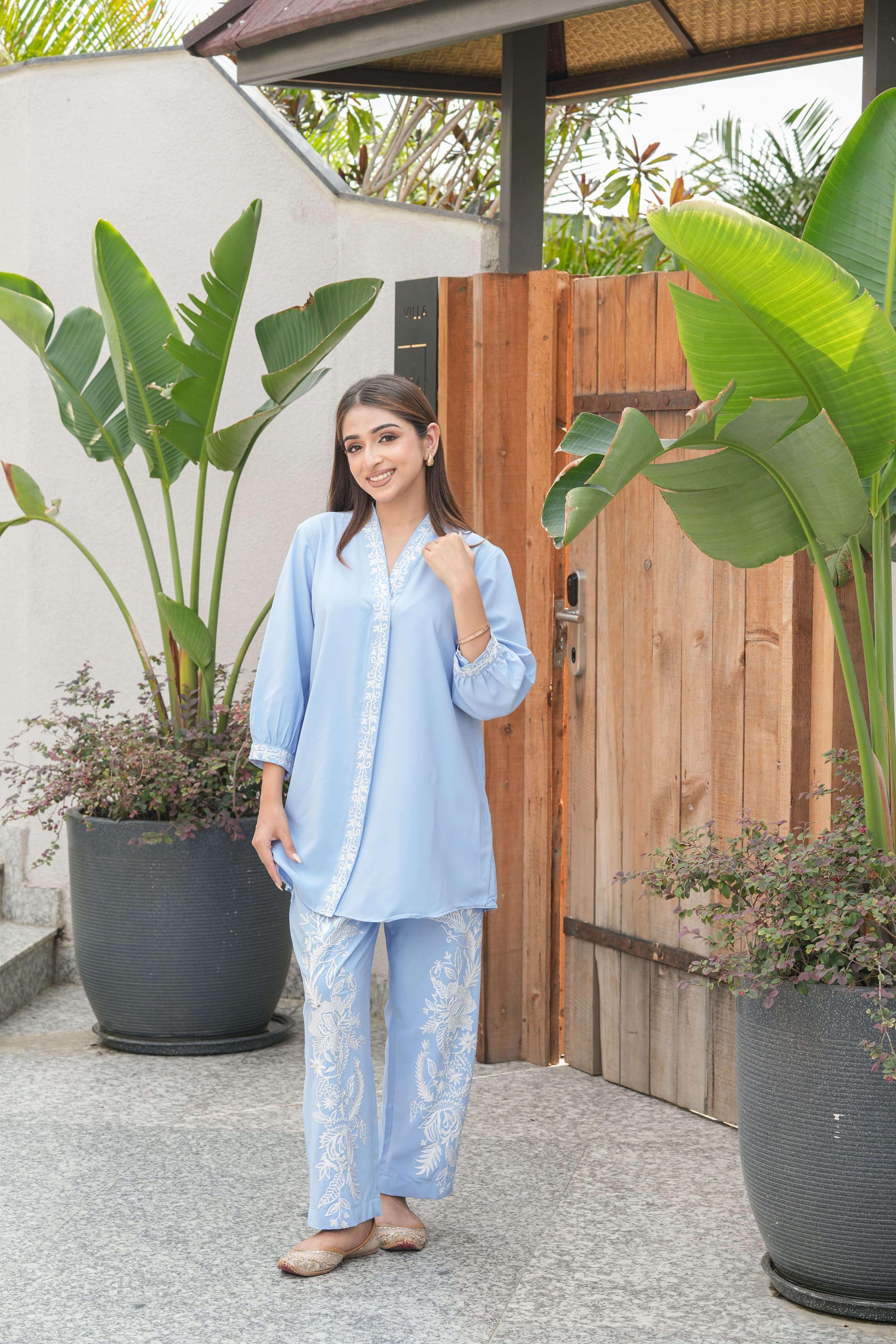 Sky Blue Vine Embroidered Suit Set