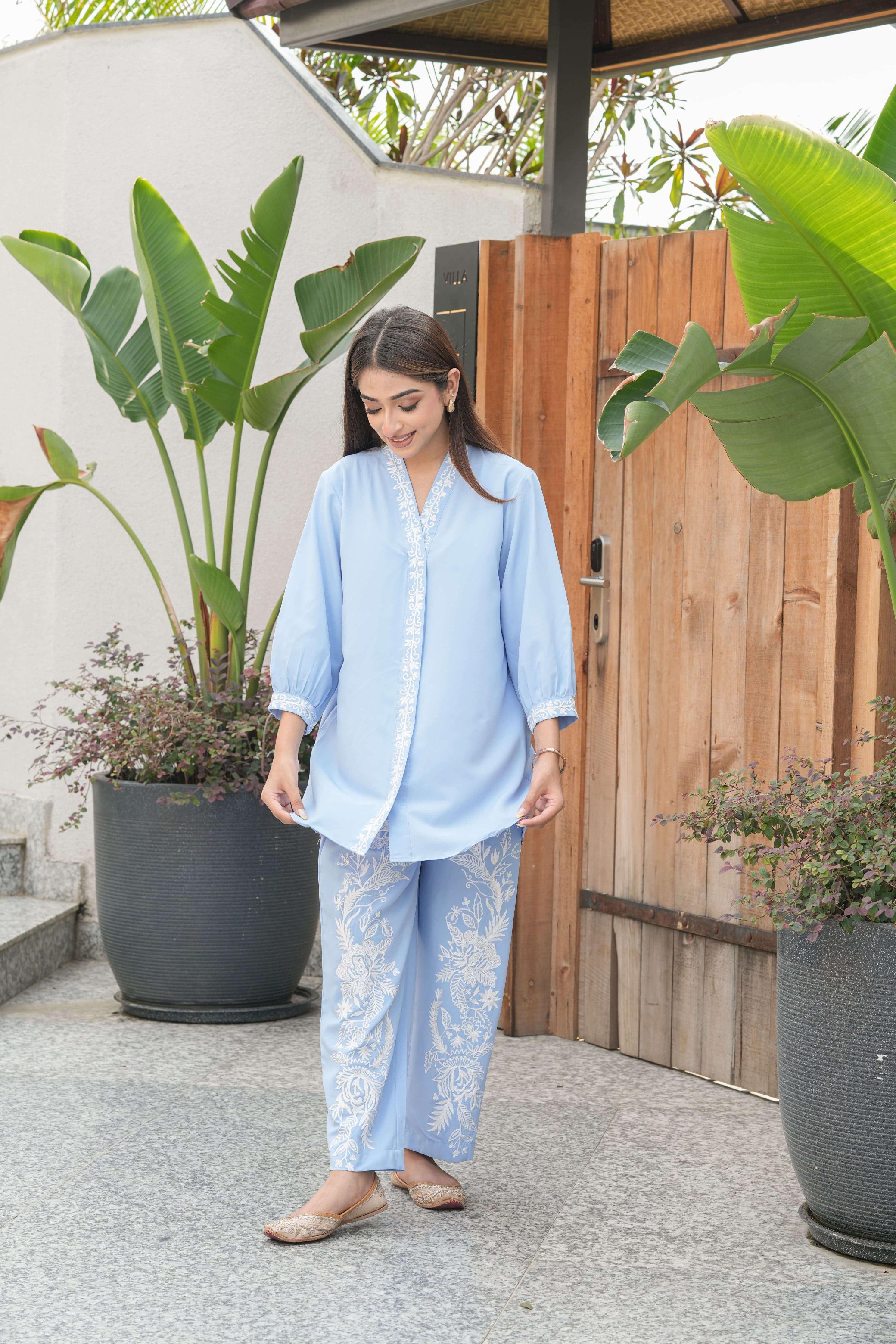 Sky Blue Vine Embroidered Suit Set