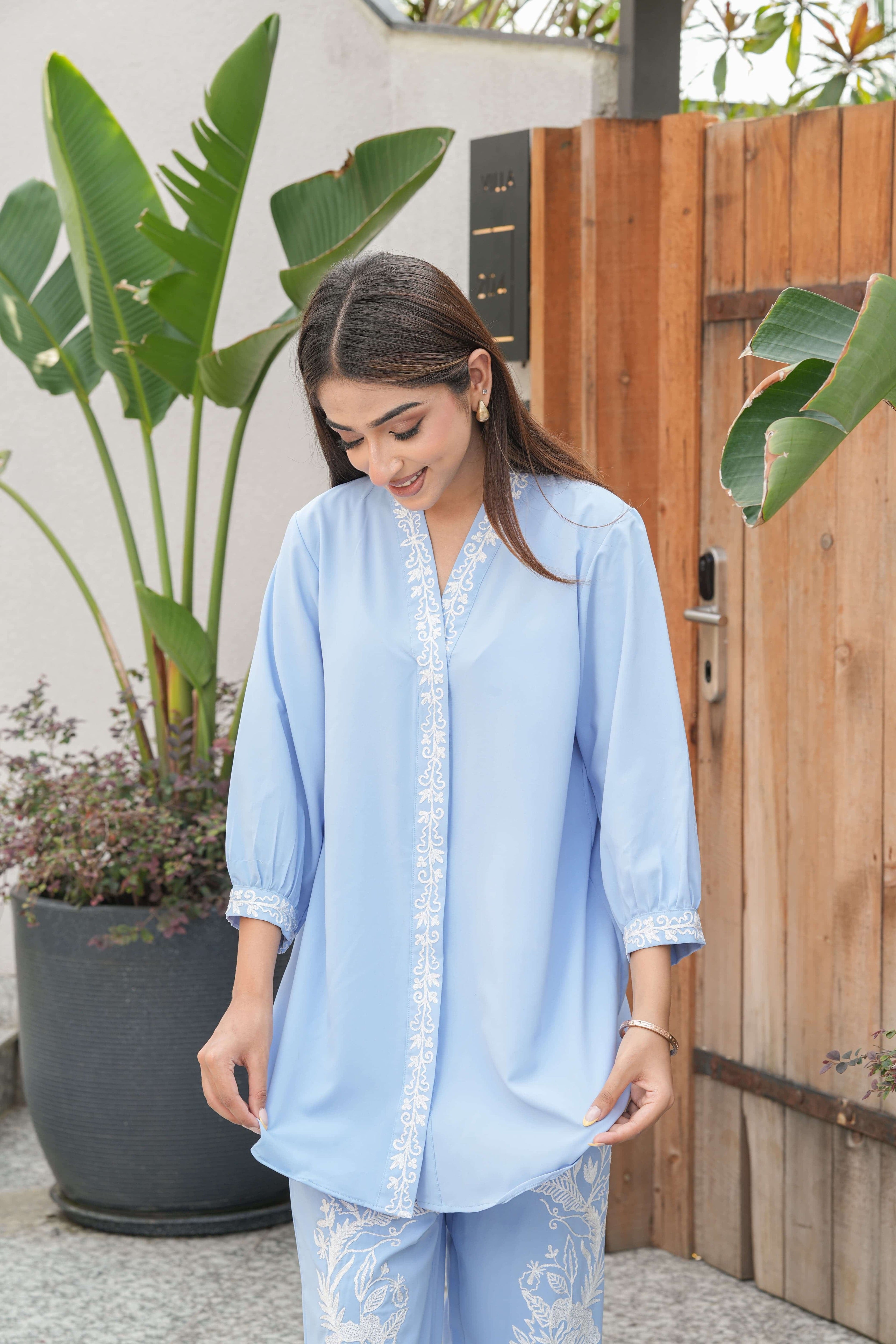 Sky Blue Vine Embroidered Suit Set