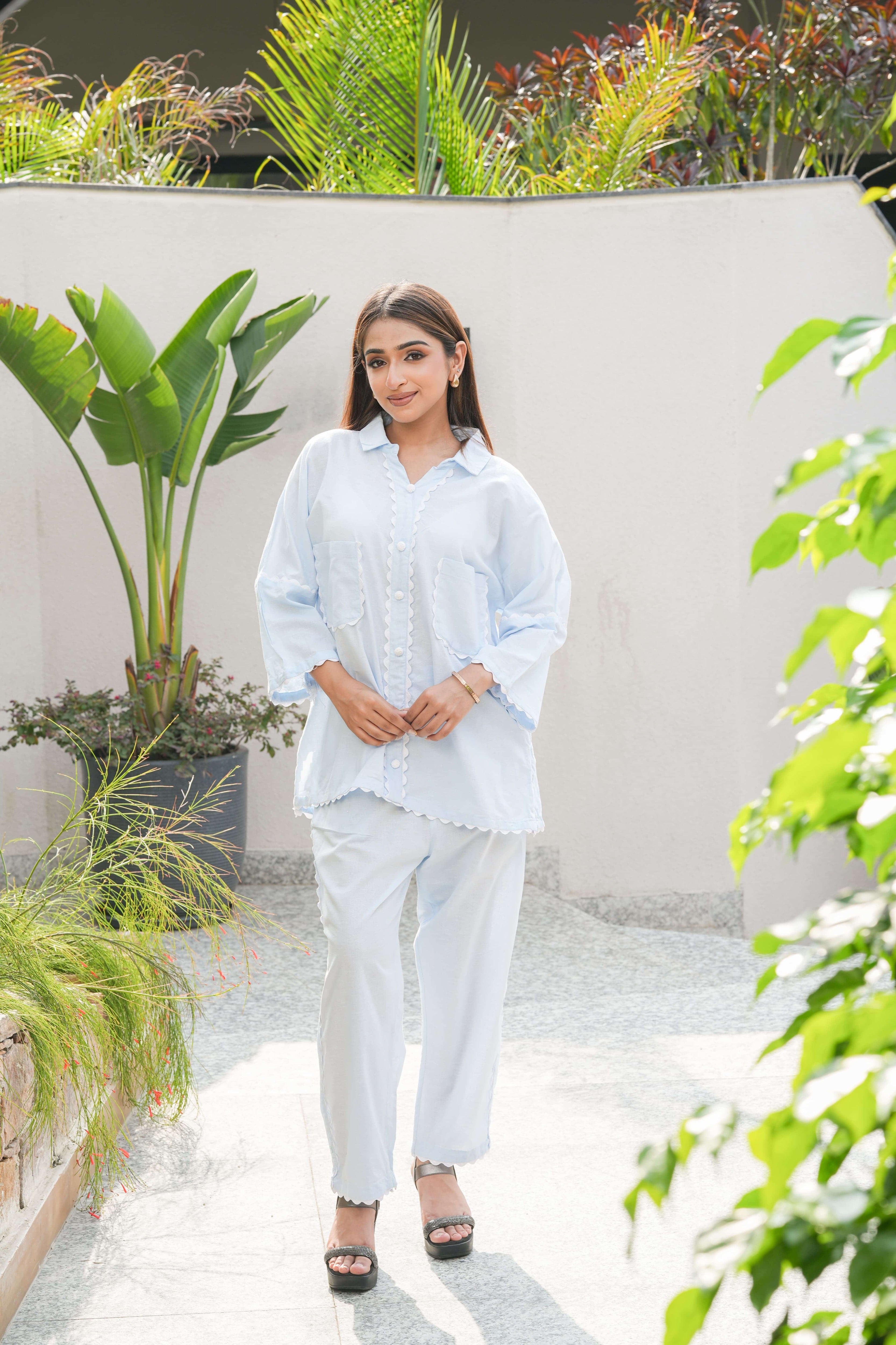 Powder Blue Scallop Edge linen Co-ord Set