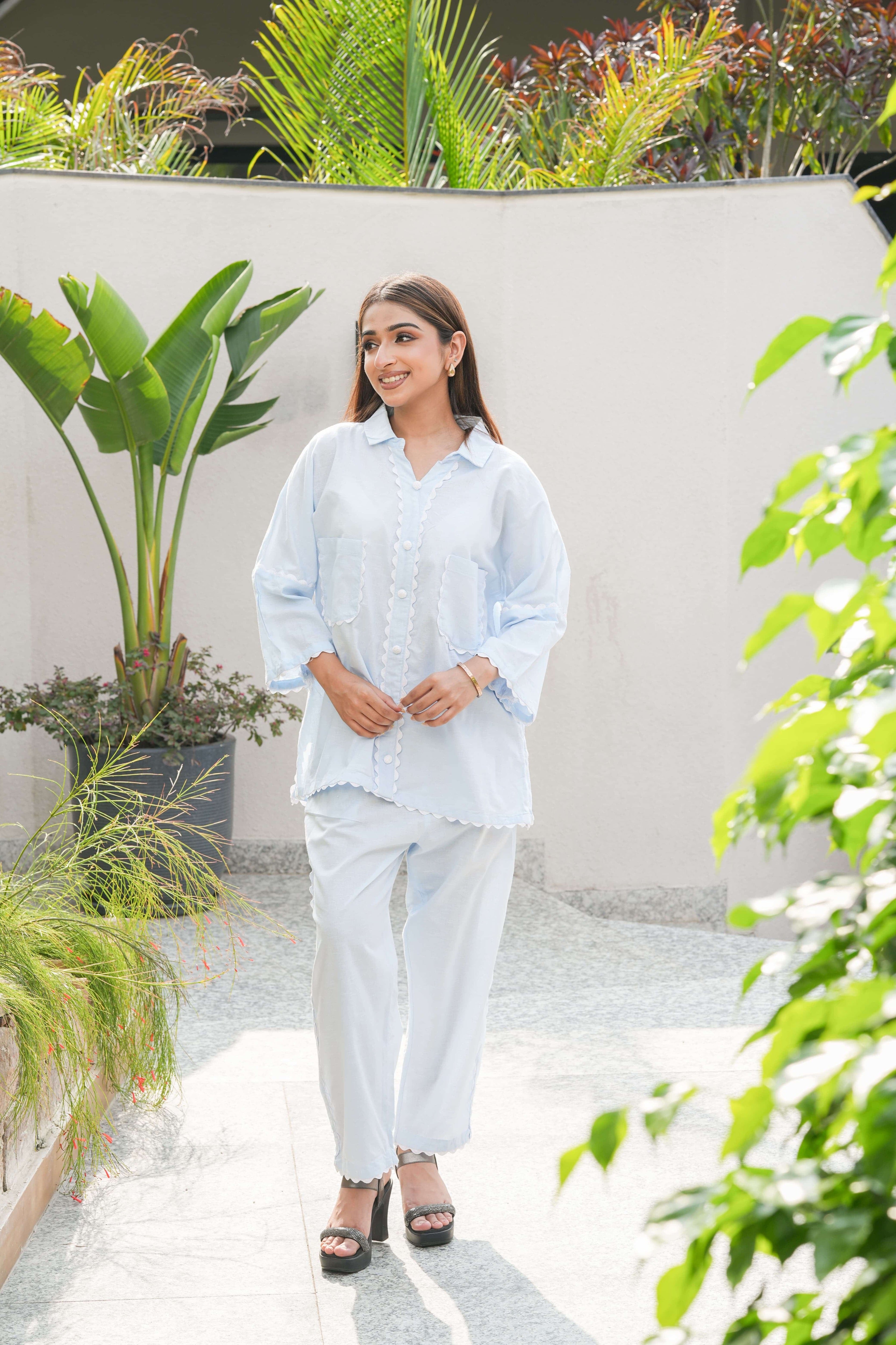 Powder Blue Scallop Edge linen Co-ord Set