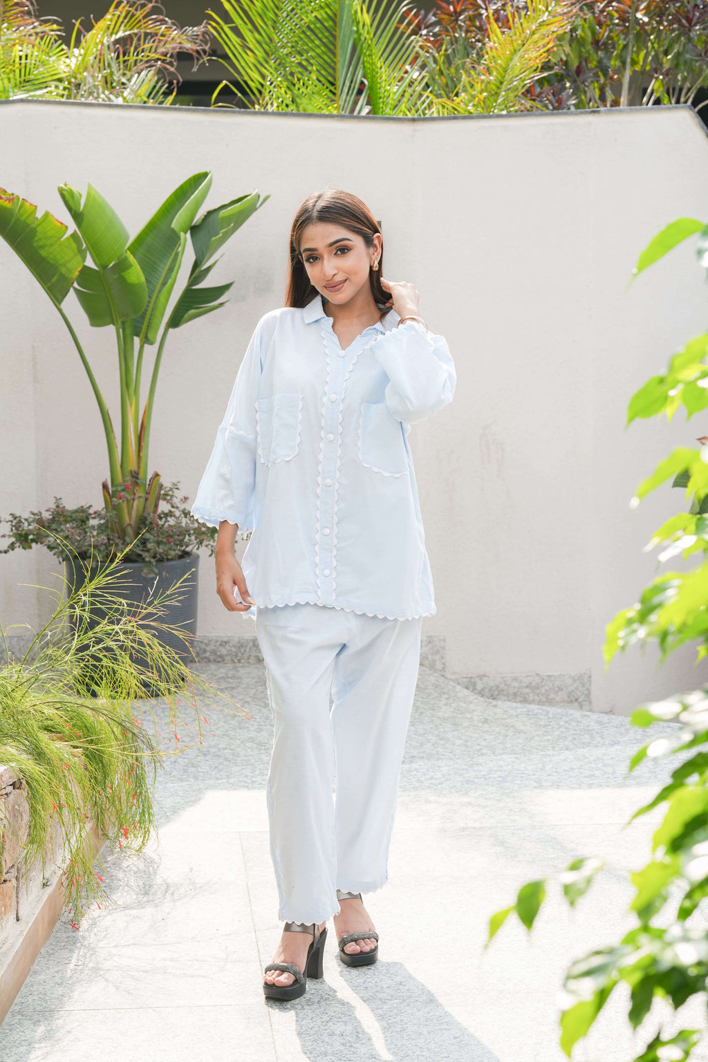 Powder Blue Scallop Edge linen Co-ord Set