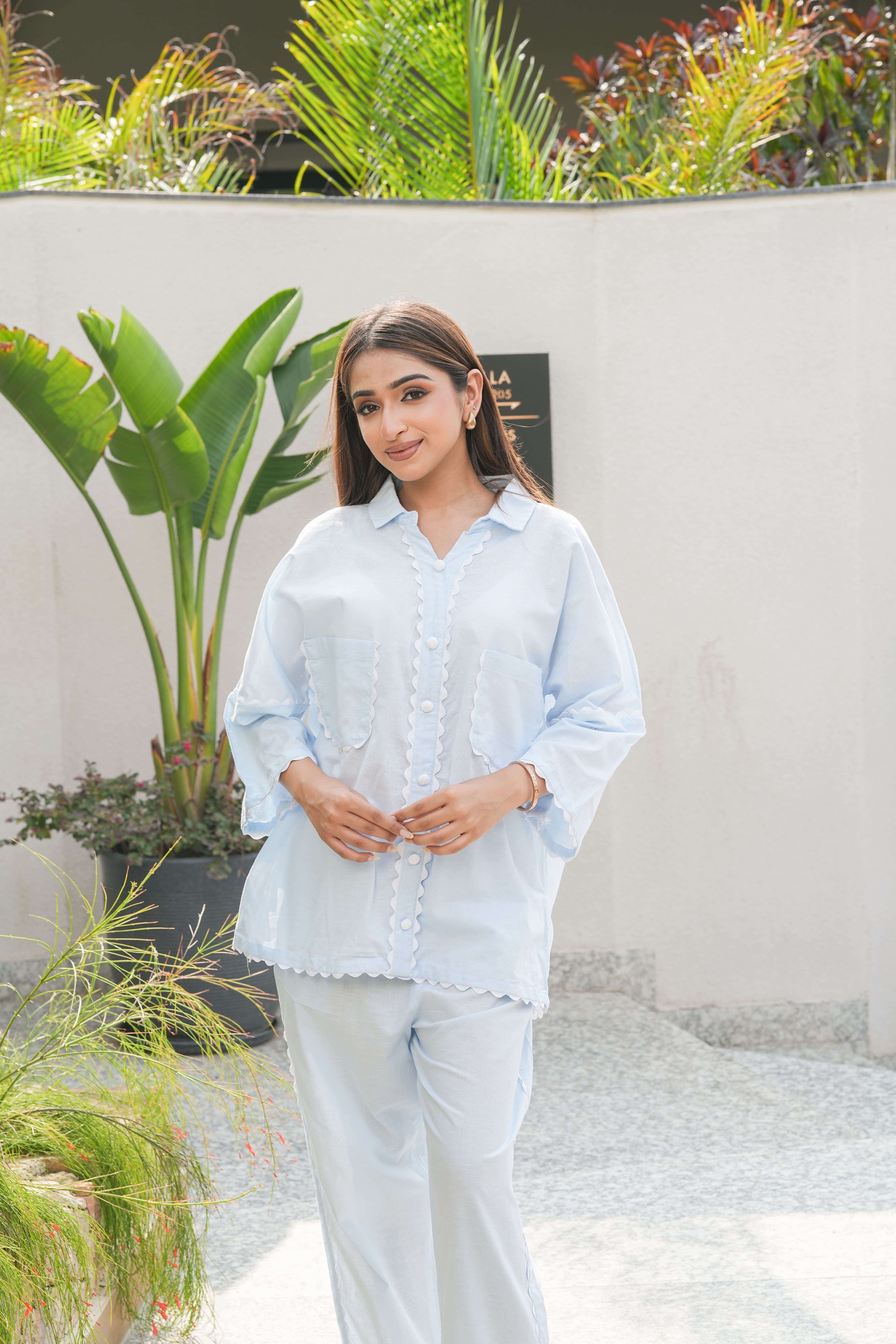 Powder Blue Scallop Edge linen Co-ord Set