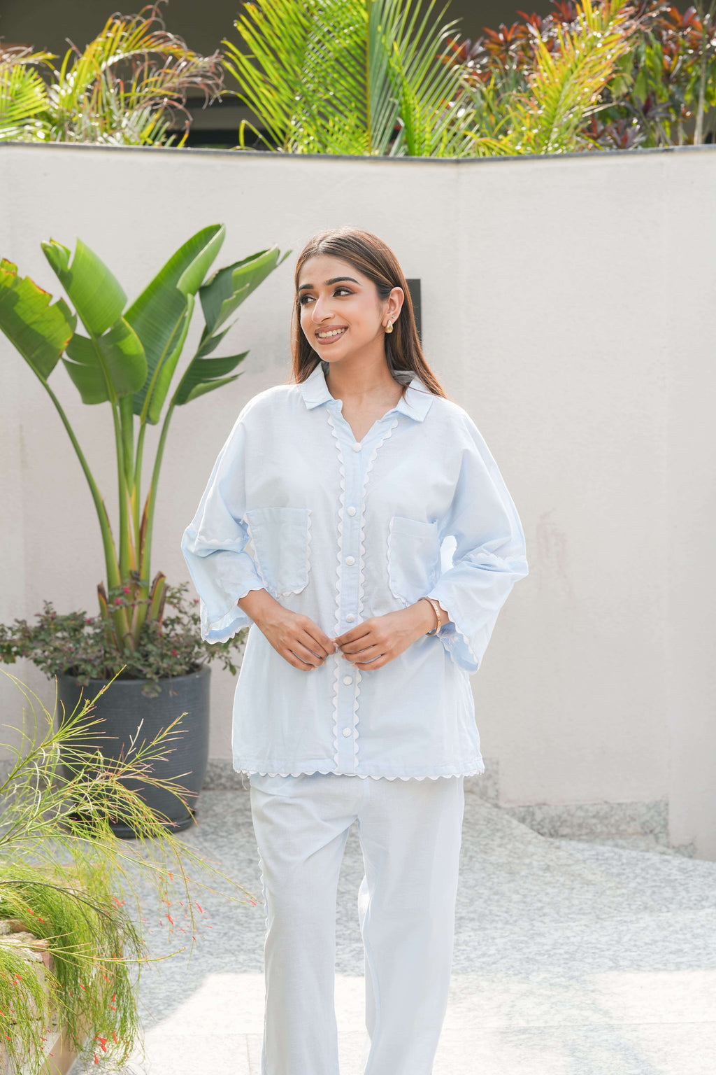 Powder Blue Scallop Edge linen Co-ord Set