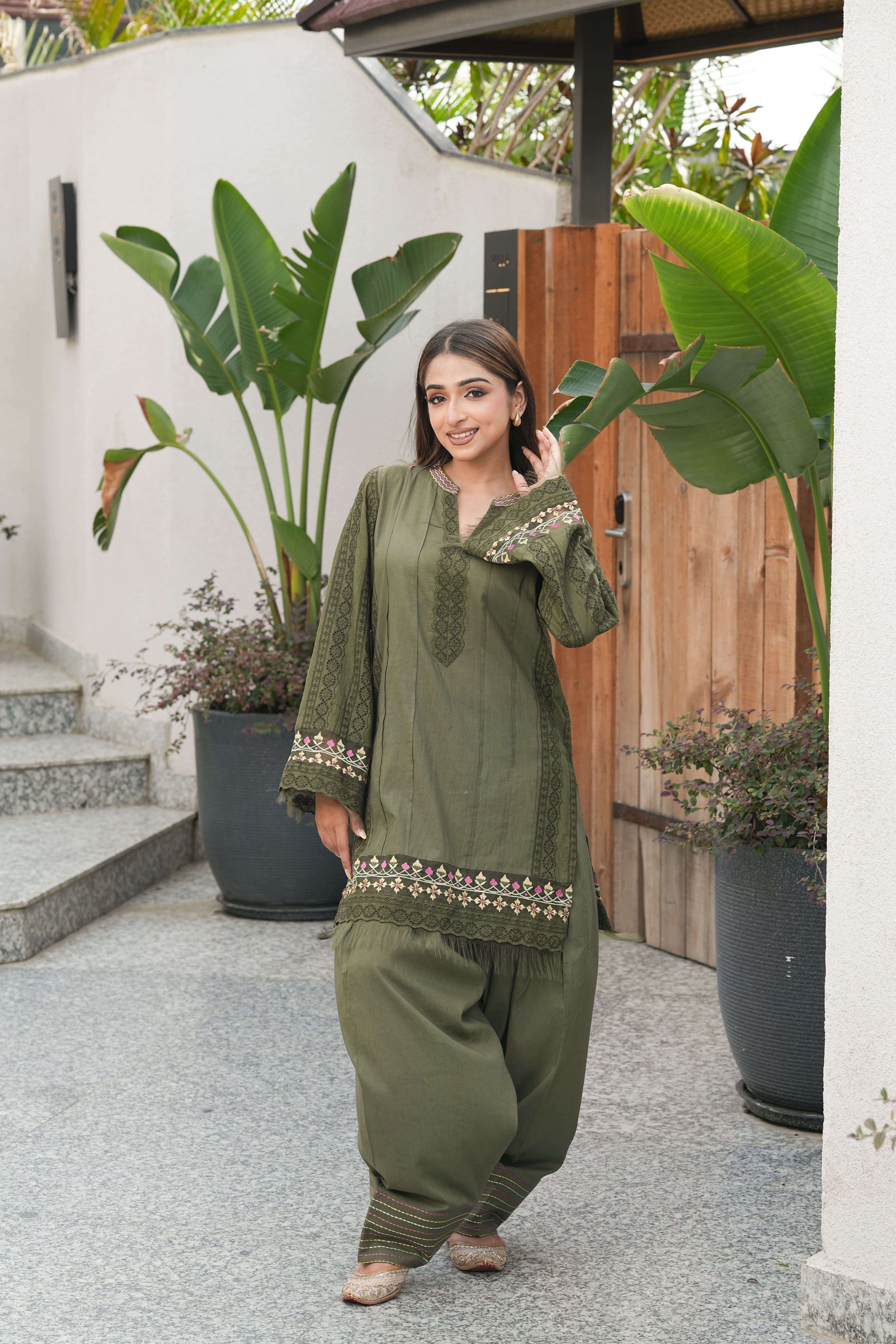 Olive Farsi salwar with aari embroidery