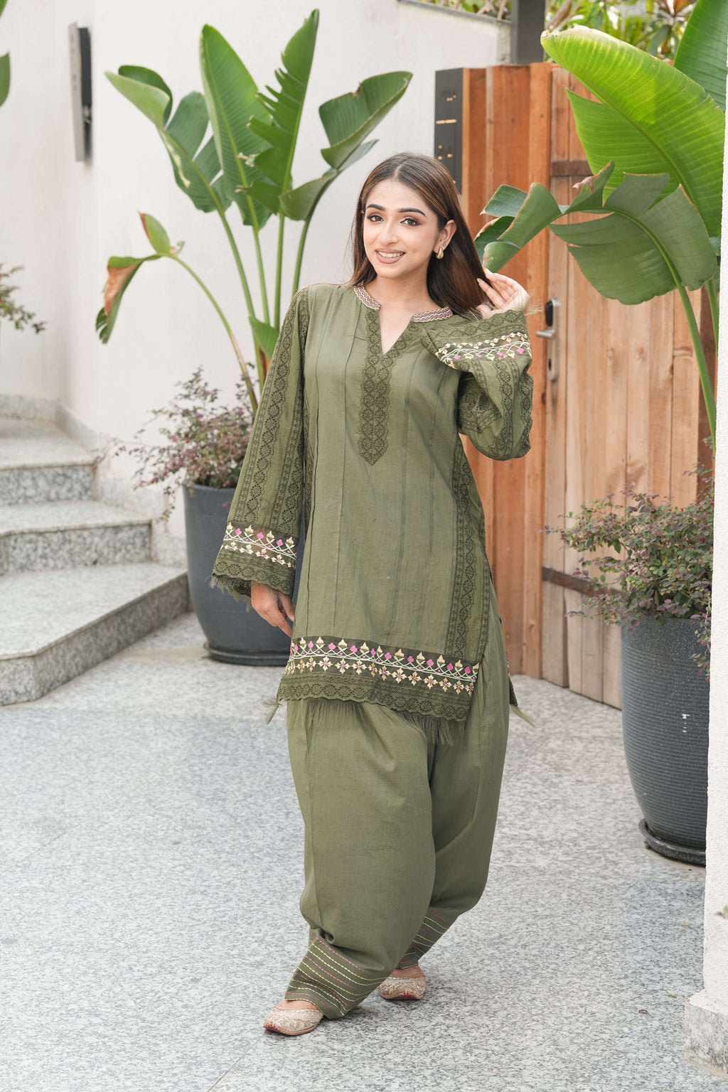 Olive Farsi salwar with aari embroidery