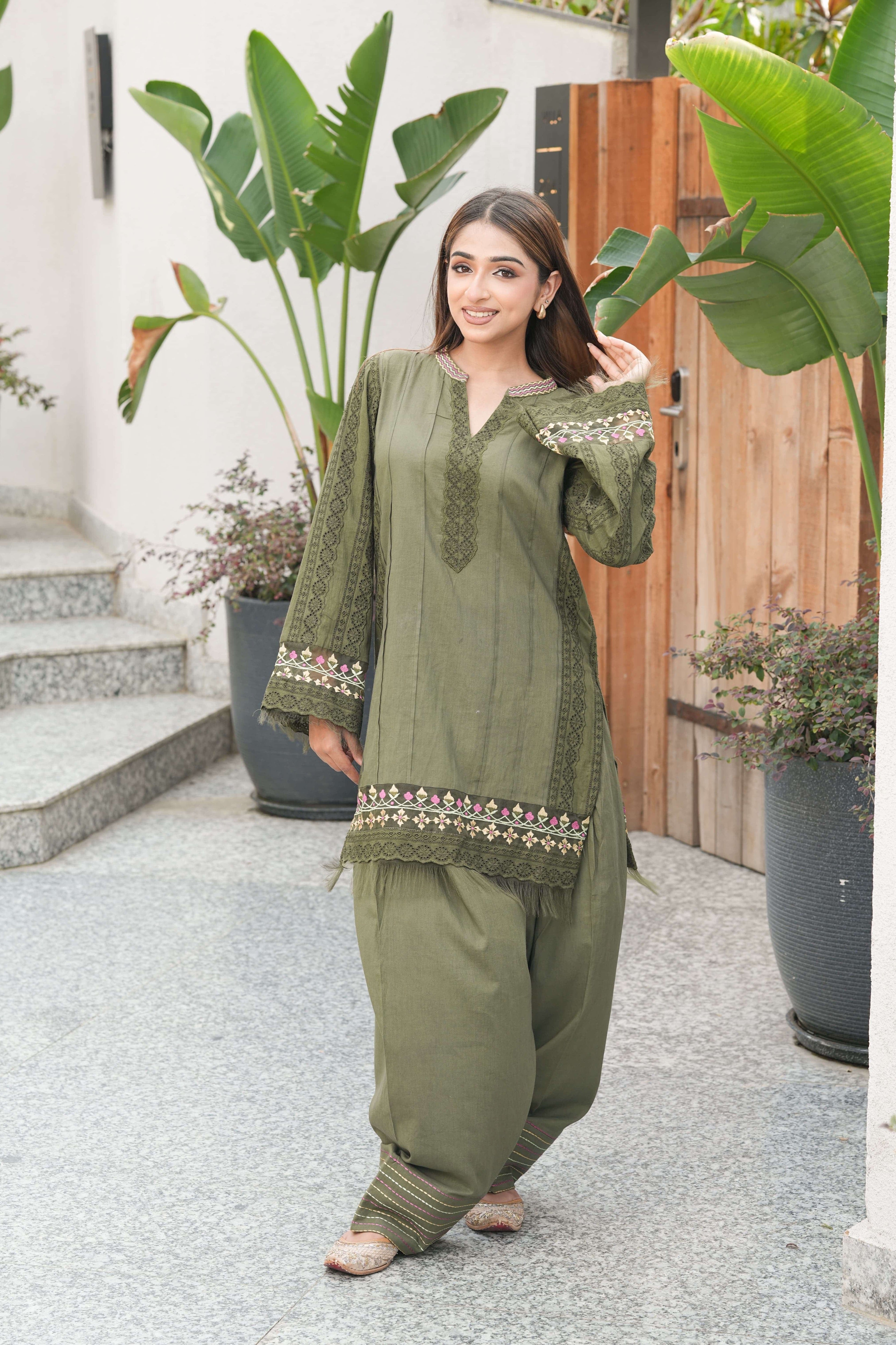 Olive Farsi salwar with aari embroidery