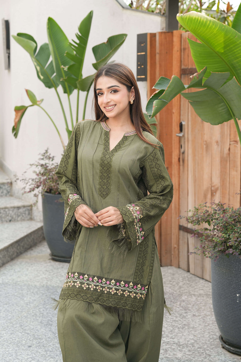 Olive Farsi salwar with aari embroidery
