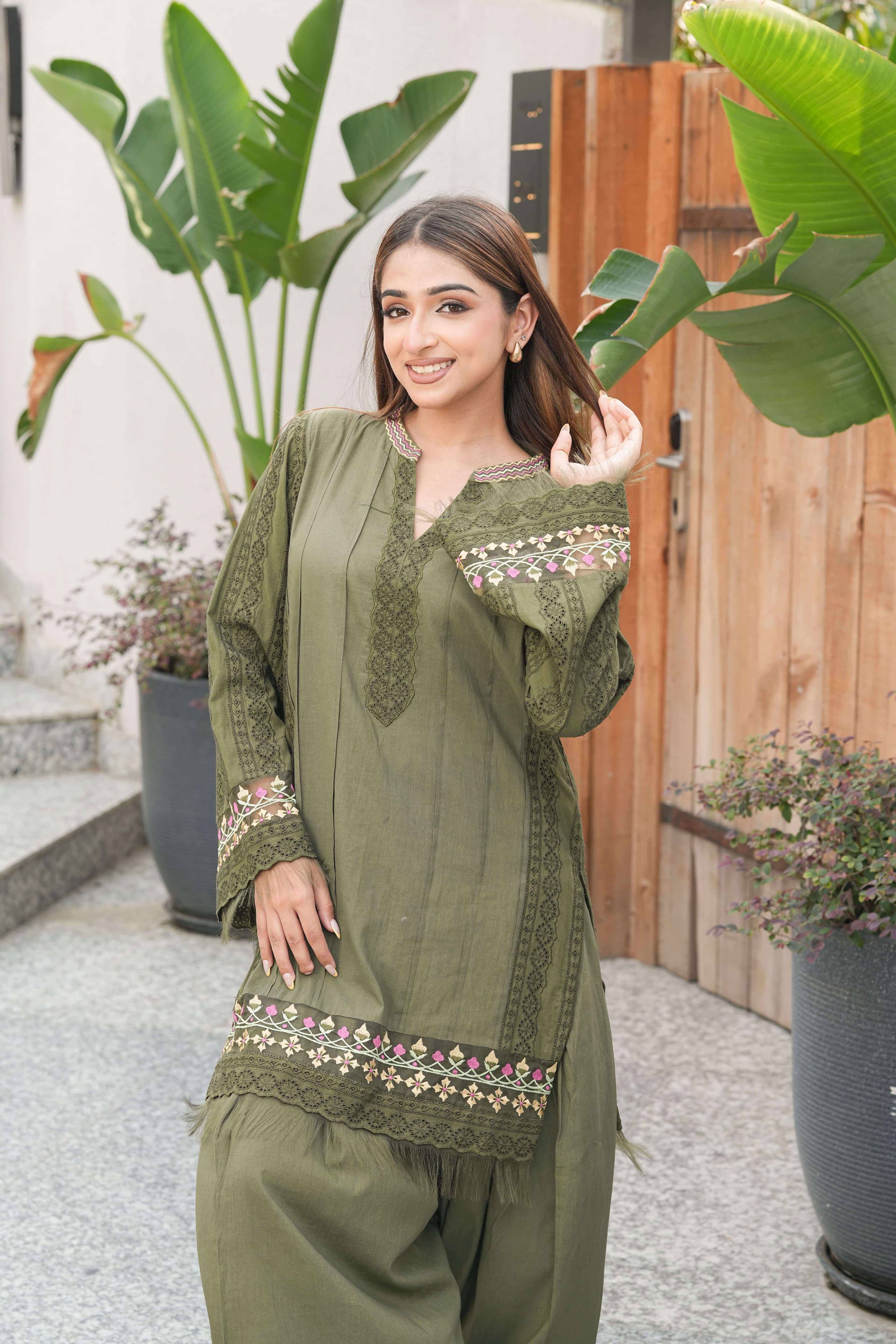 Olive Farsi salwar with aari embroidery
