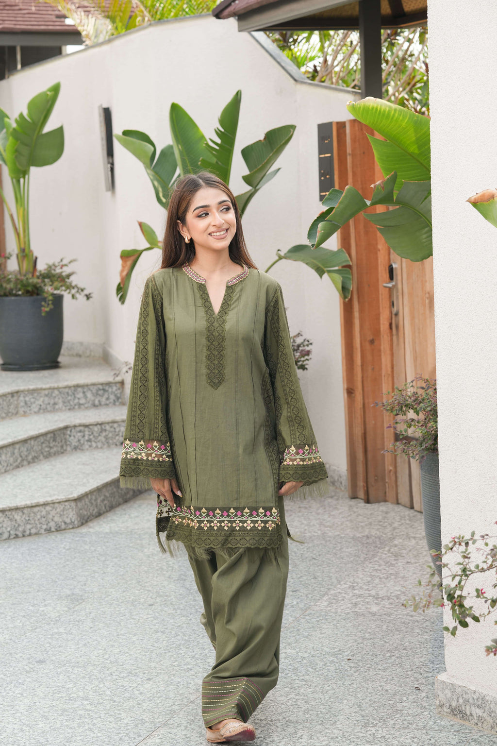 Olive Farsi salwar with aari embroidery