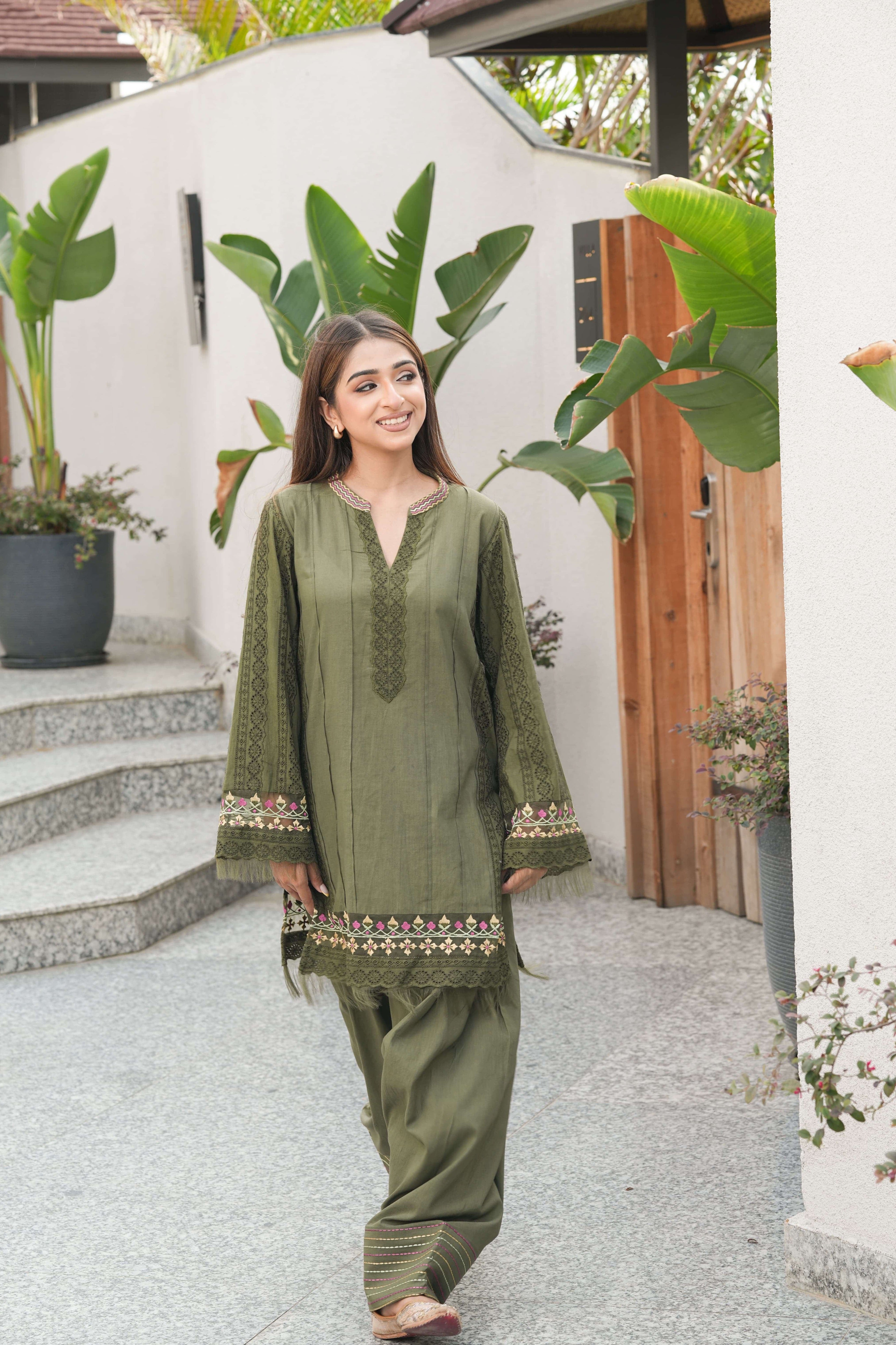 Olive Farsi salwar with aari embroidery
