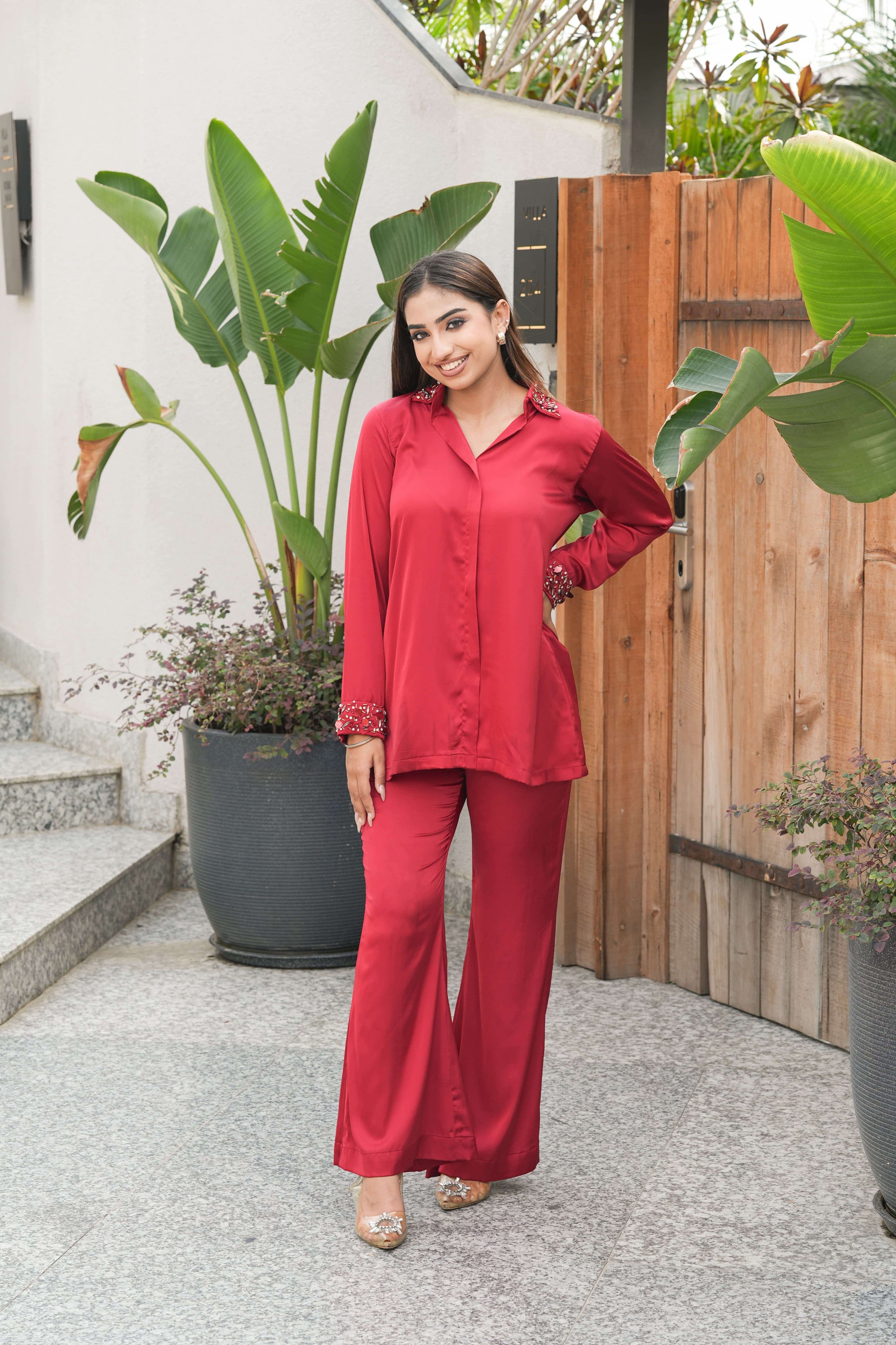 Ruby Red Stone Embellished Co-ord Set