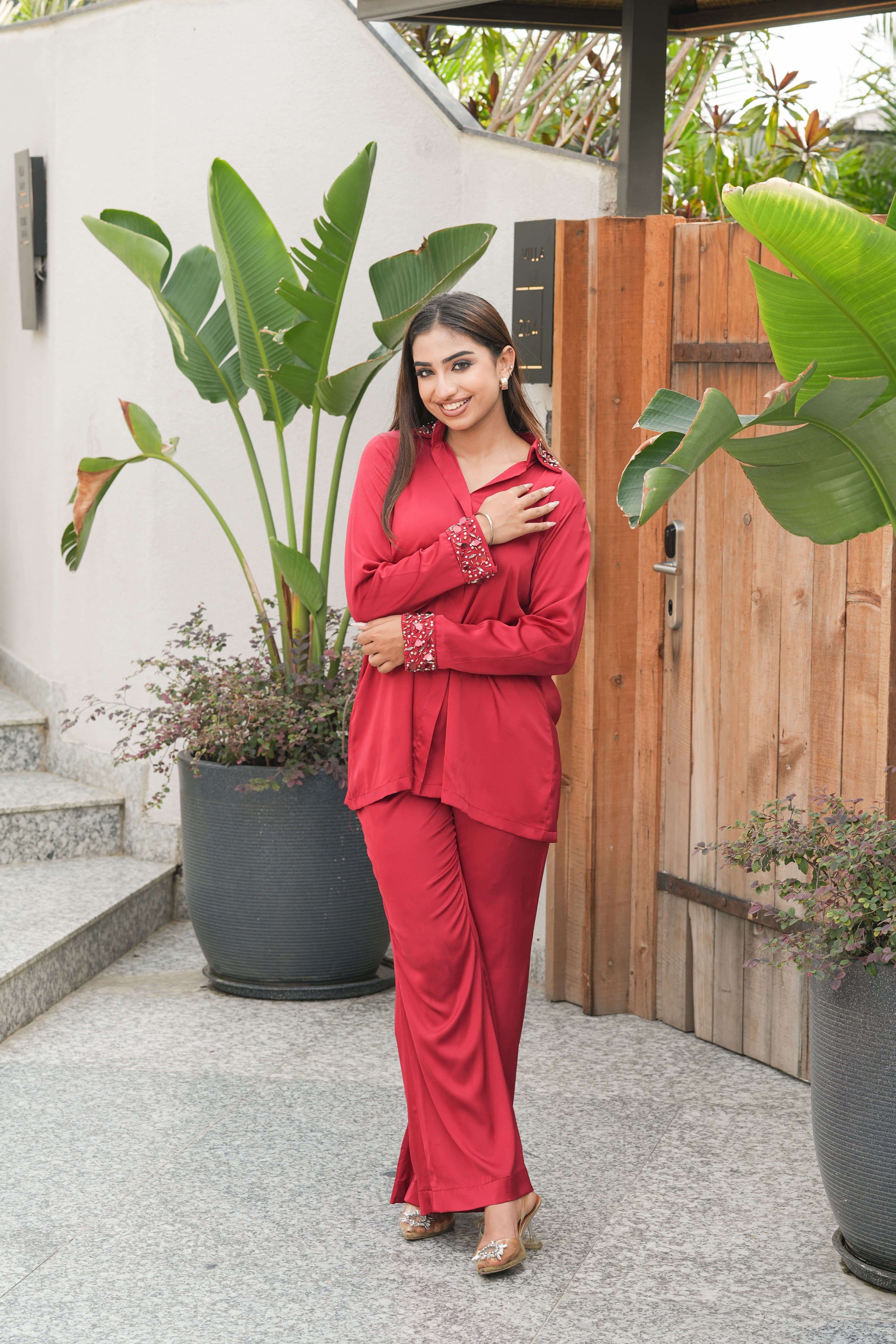 Ruby Red Stone Embellished Co-ord Set