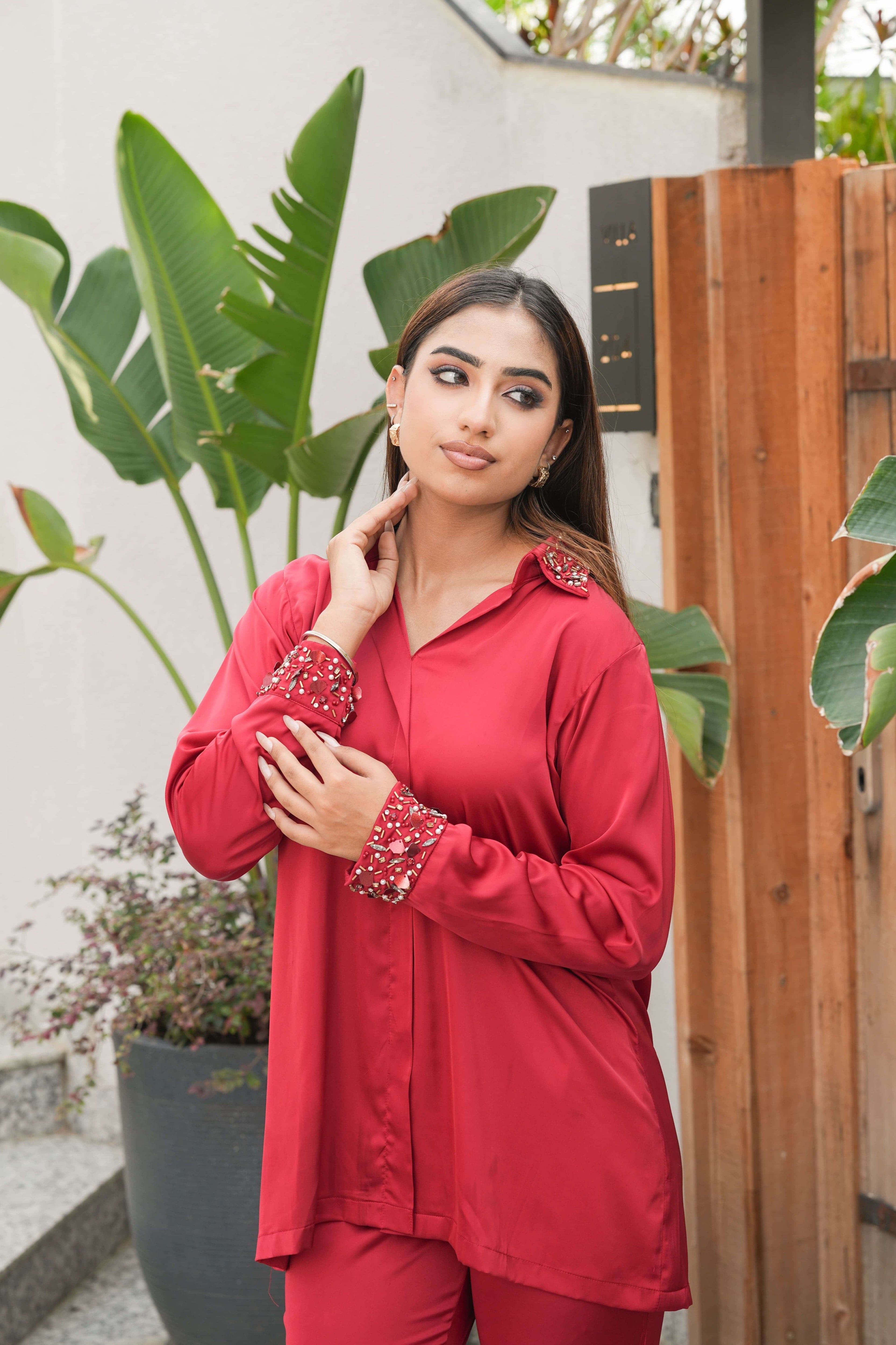 Ruby Red Stone Embellished Co-ord Set