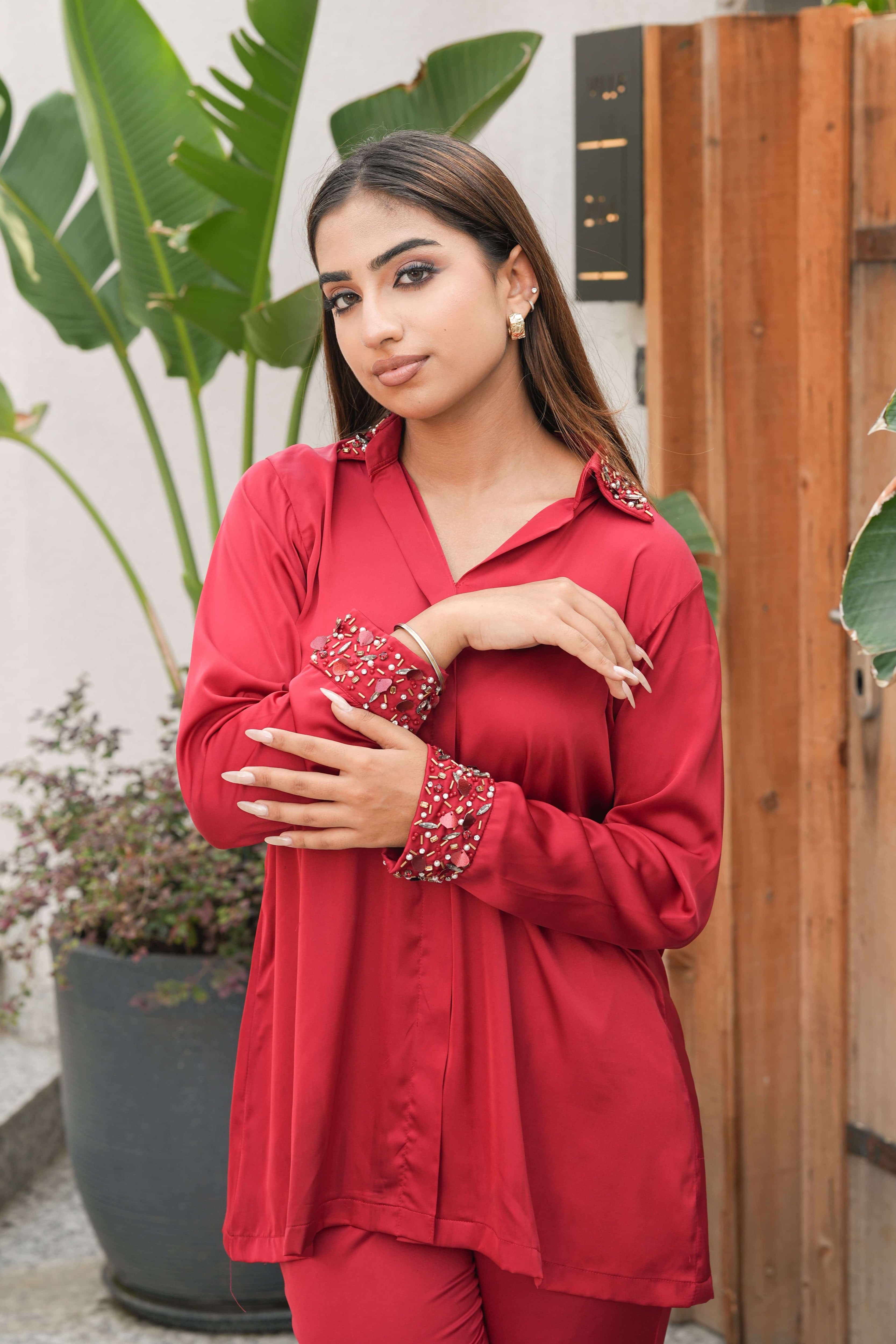 Ruby Red Stone Embellished Co-ord Set