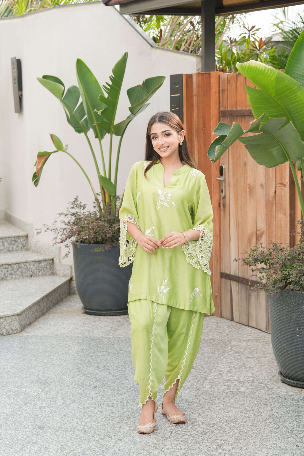 Lime Embroidered Lace Sleeve Suit Set