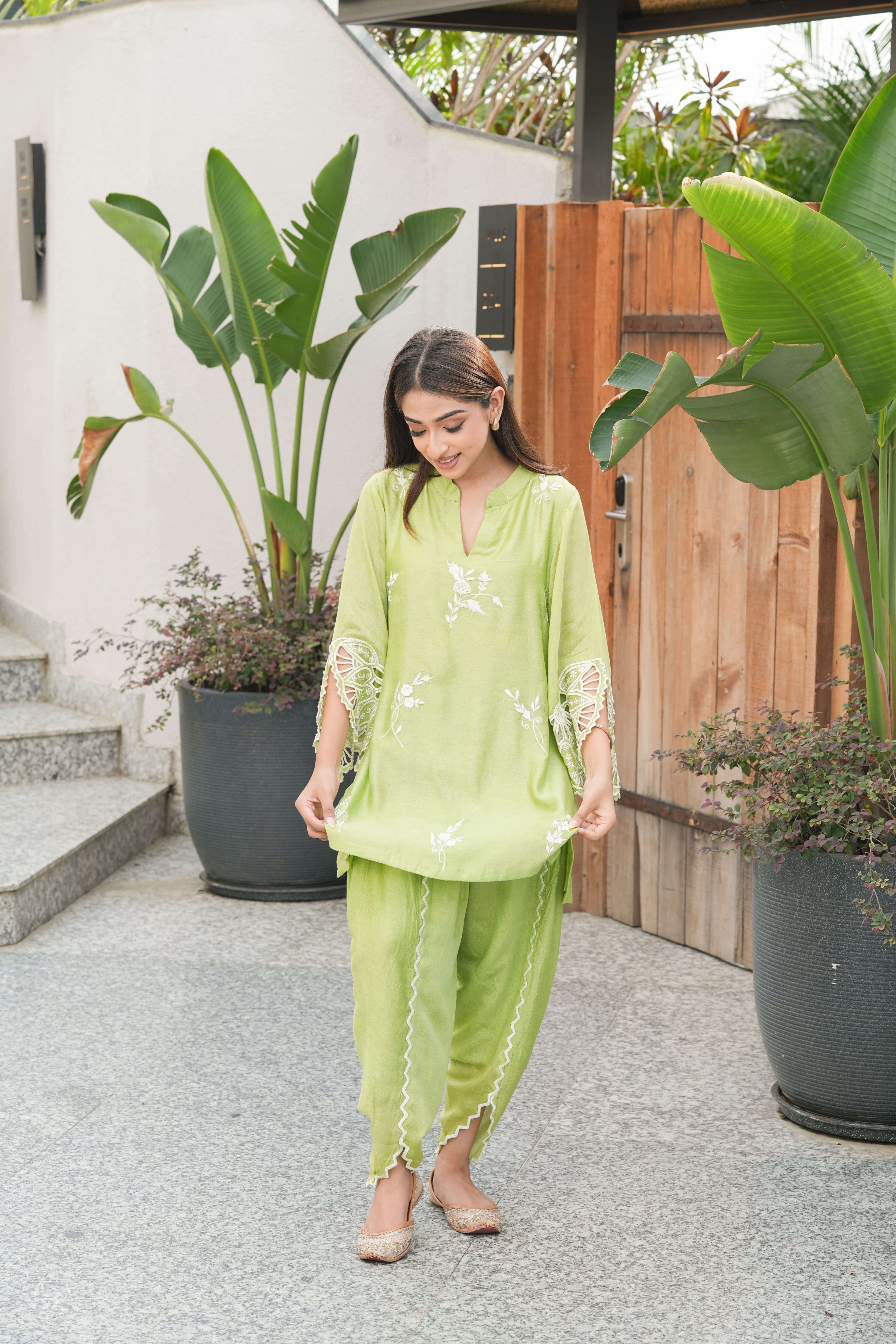Lime Embroidered Lace Sleeve Suit Set